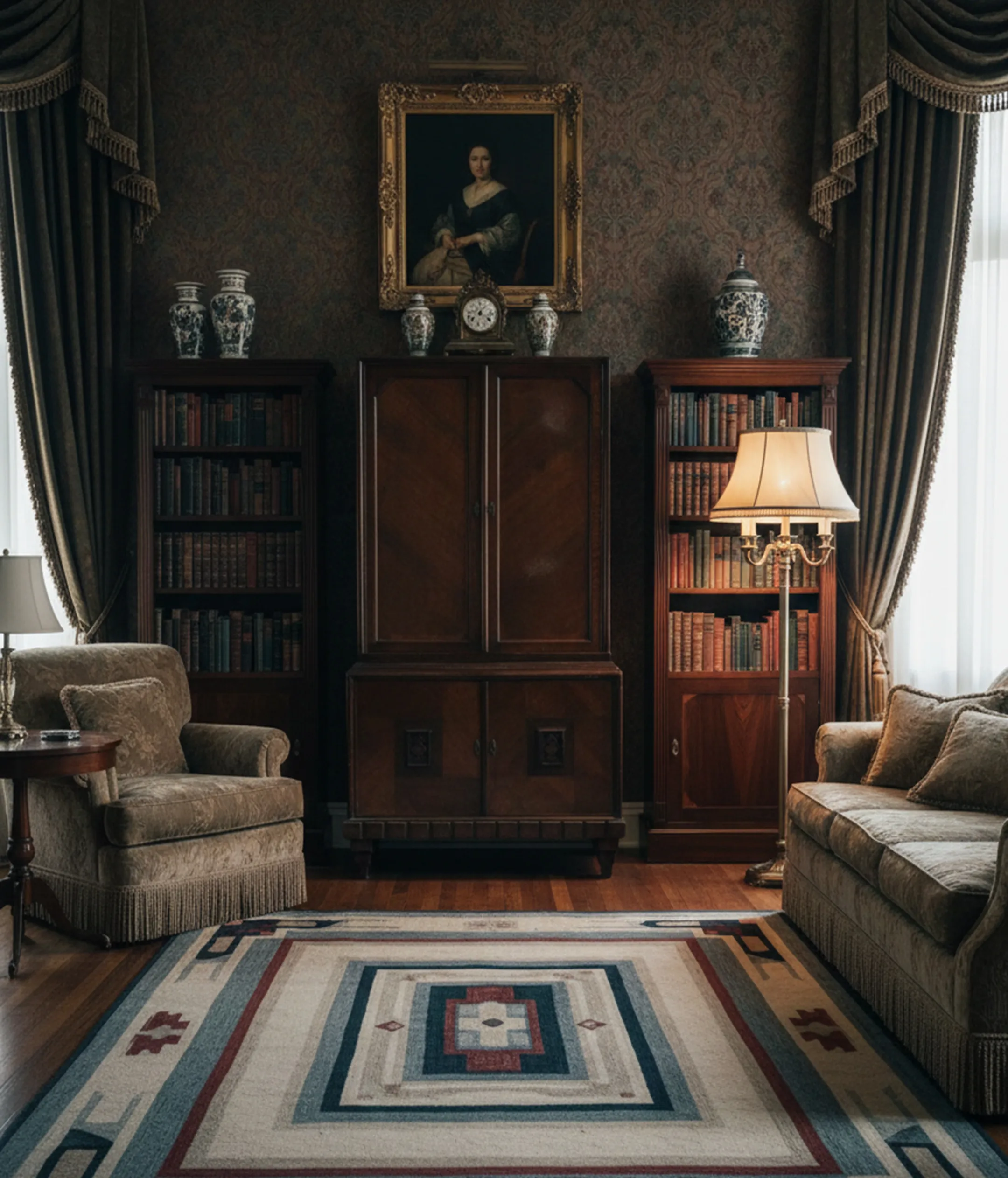 Antique bookcase in an elegant room with literary works and a lamp.