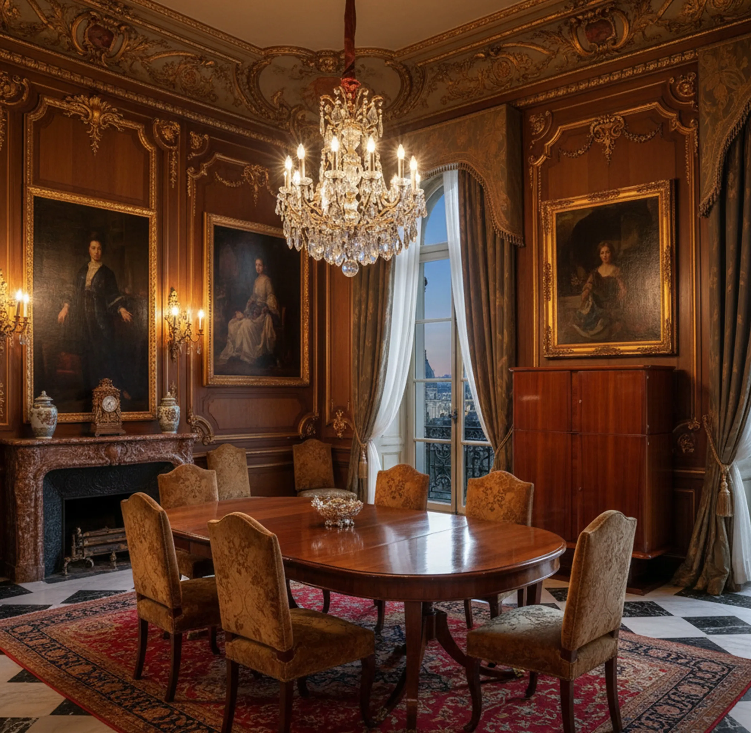 elegant antique bar, with chandelier and paintings, classic ambiance