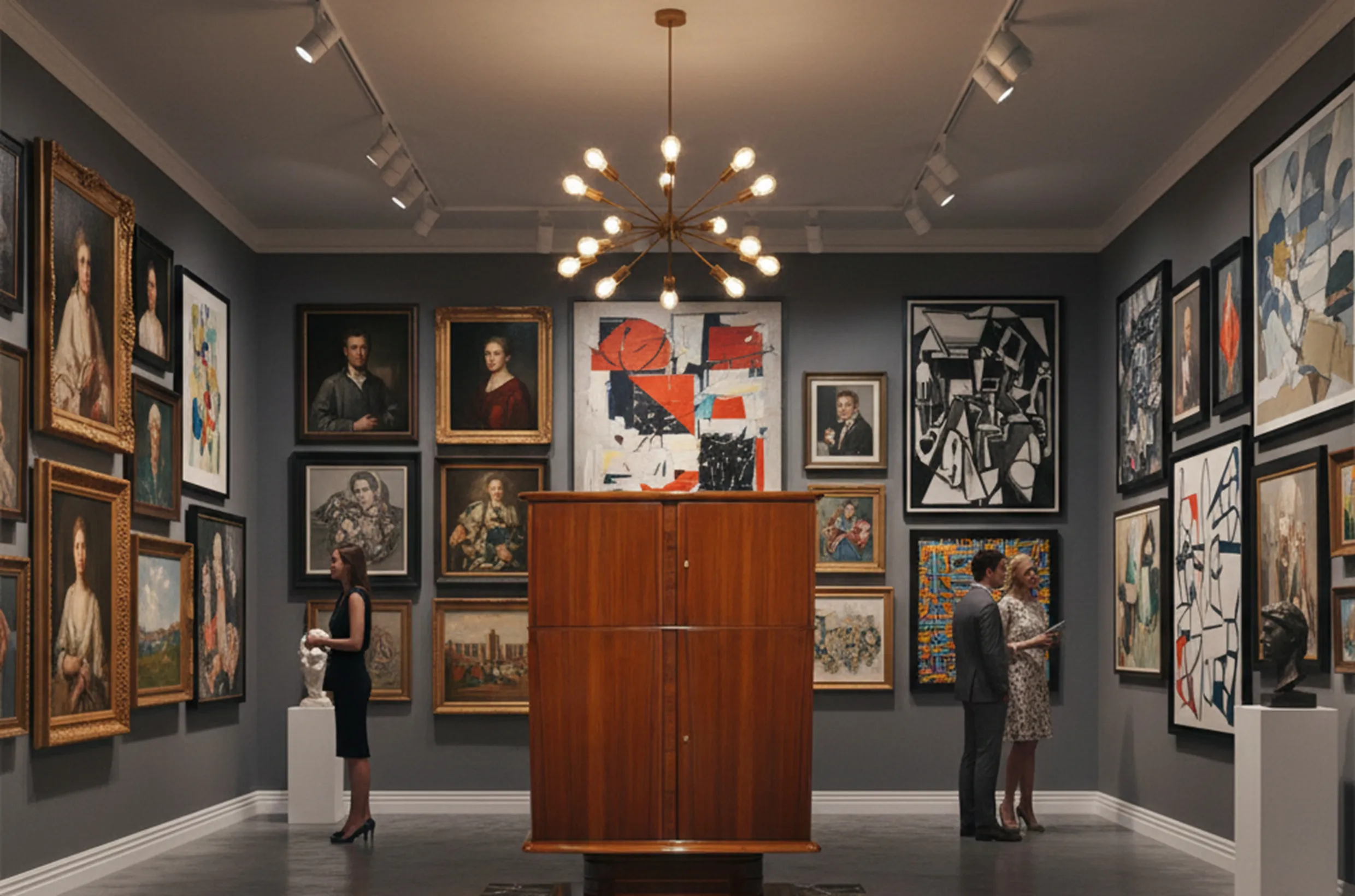 Antique bar cabinet displayed in an art gallery setting
