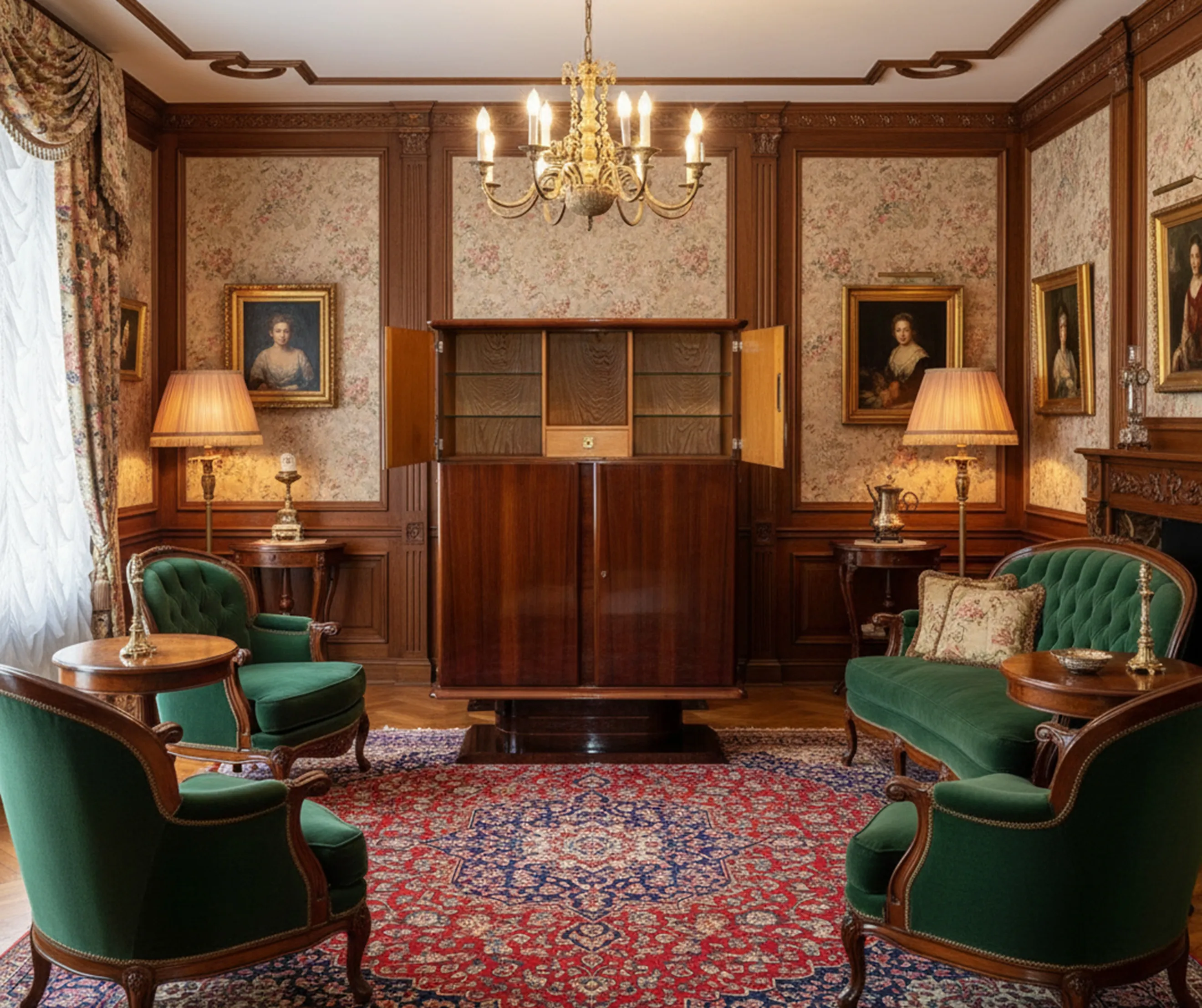 biblioteca antigua en sala con sillones verdes y lámpara