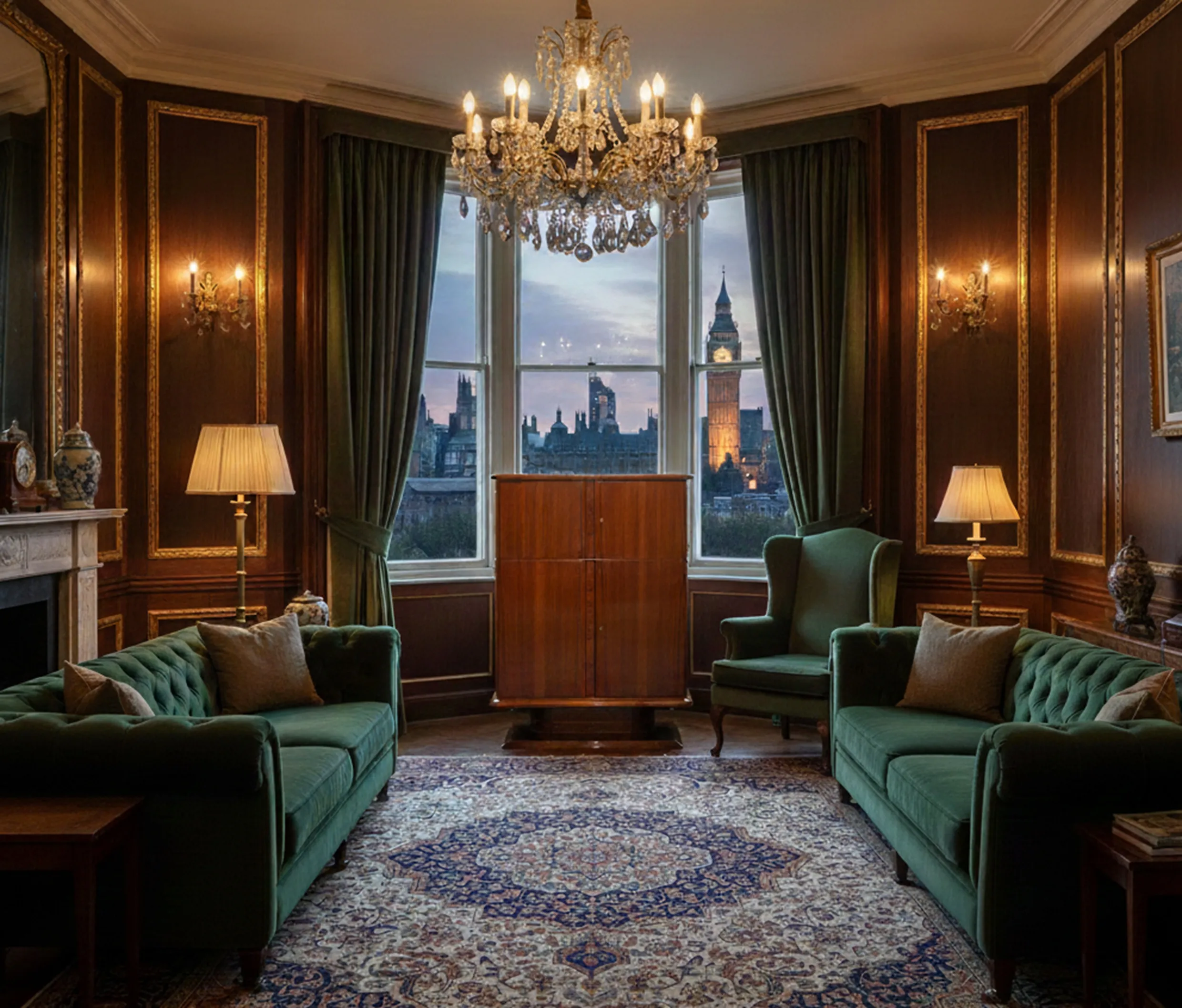 bibliothèque ancienne dans salon élégant avec lampe