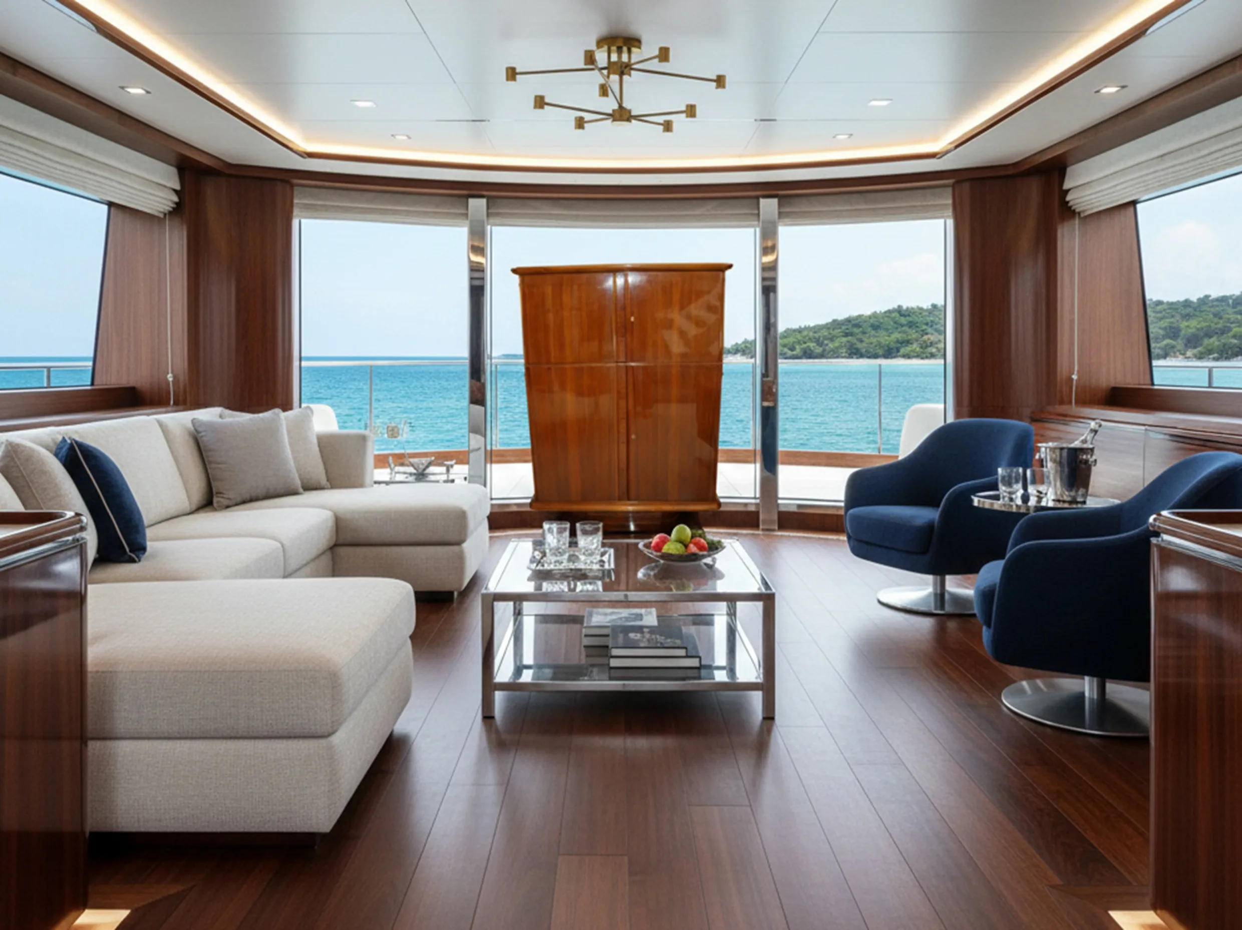 View of an antique bookcase with modern decor and sea vistas.