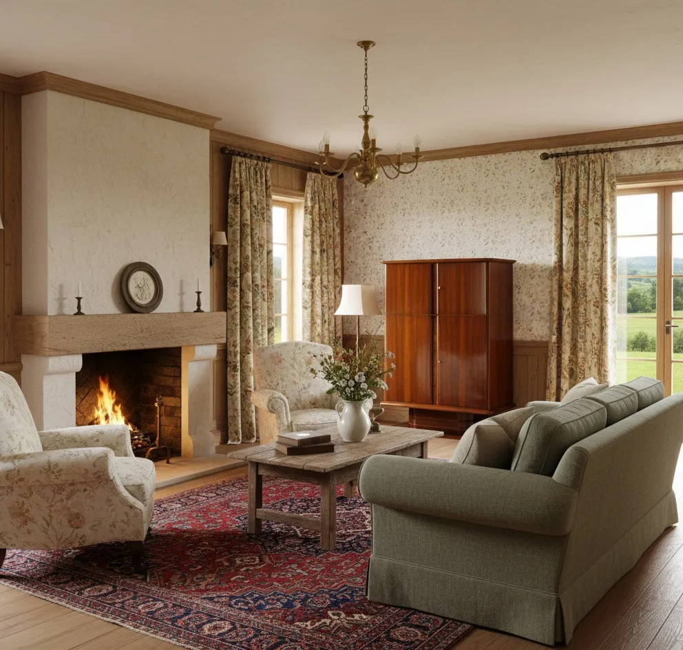 view of a living room with an antique bookcase and armchairs