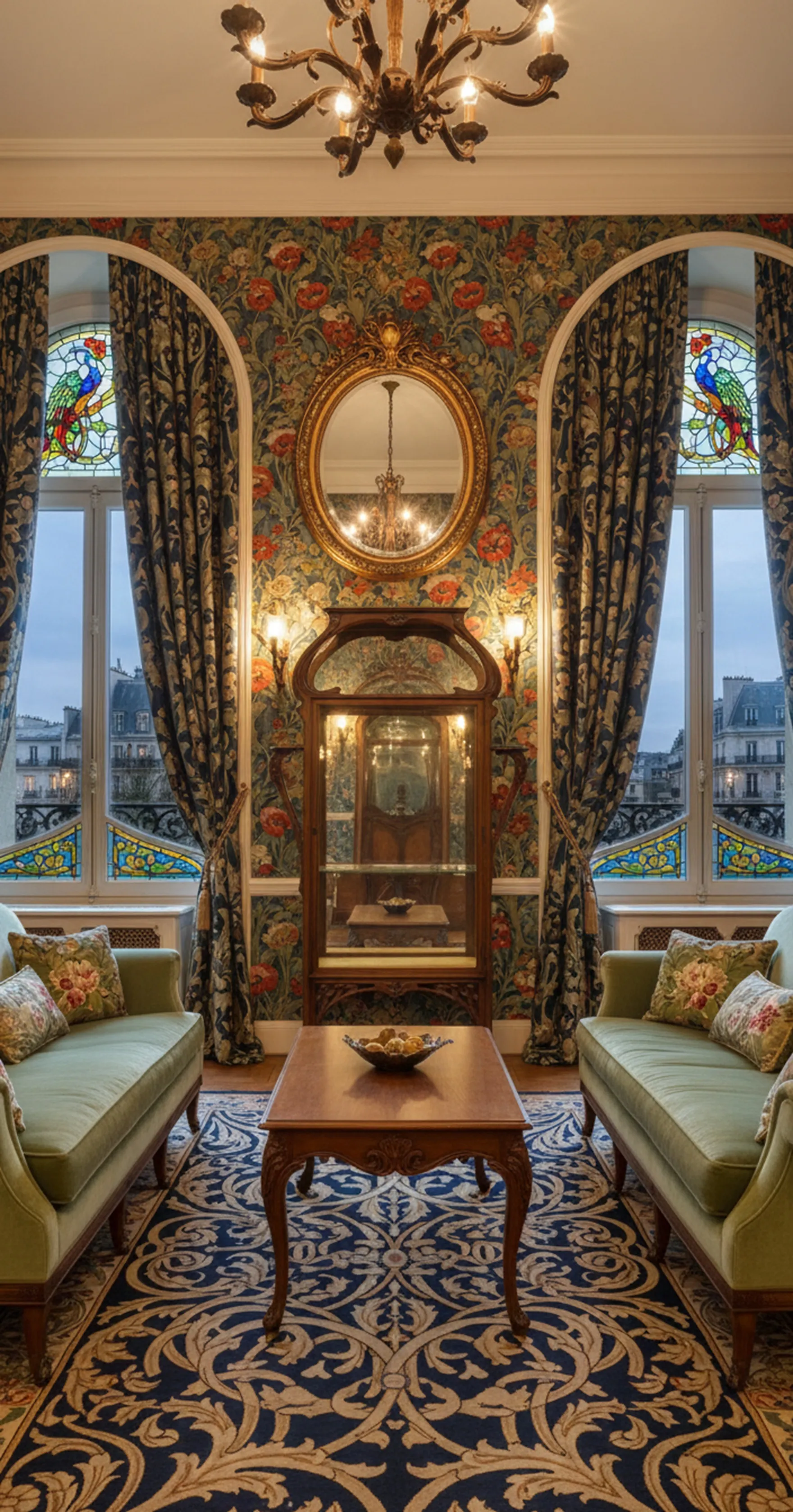 Vetrina antica decorativa in un'ambiente elegante.