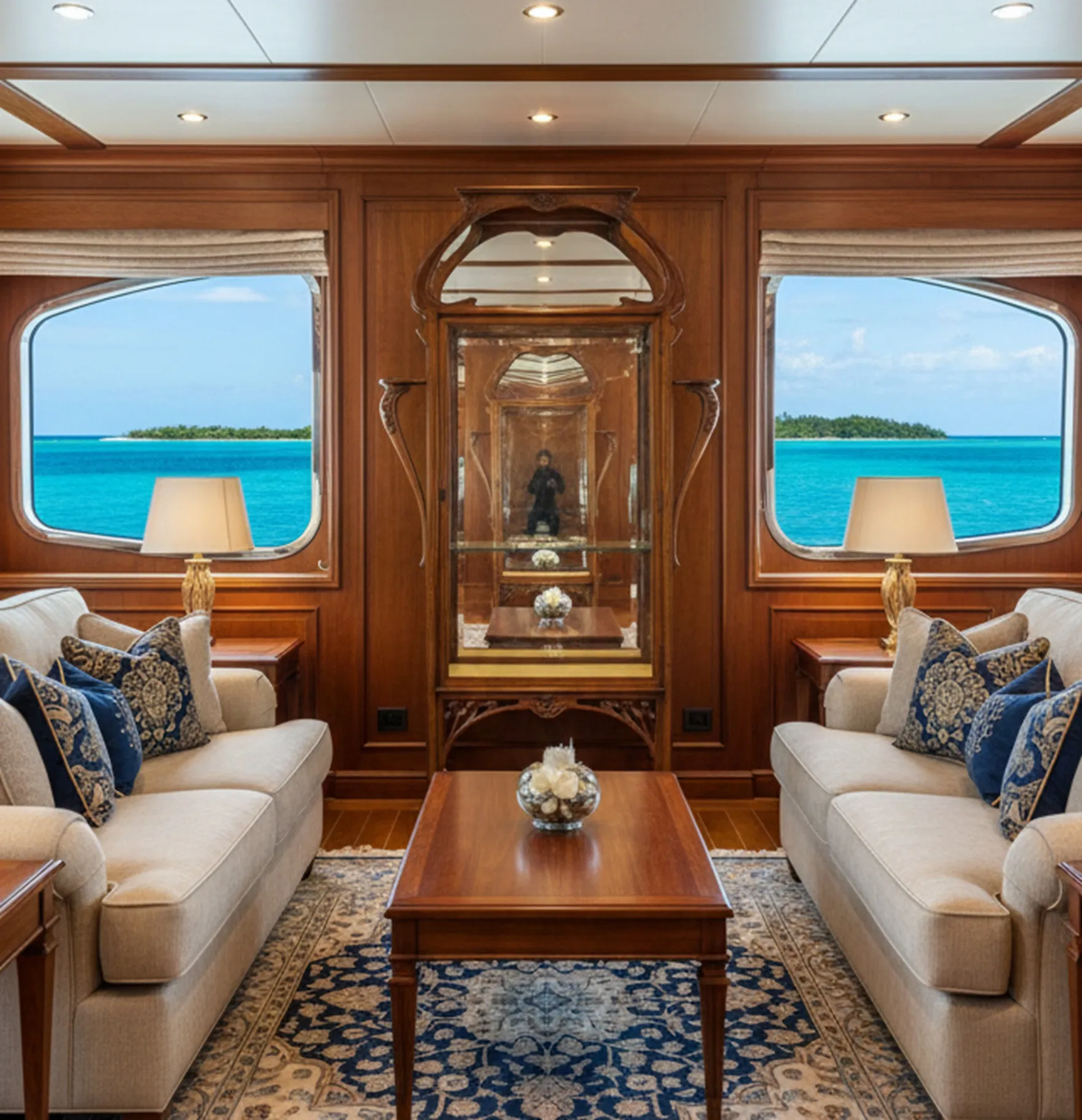 antike vitrine mit beleuchtung, die dekorativegegenstände in einem eleganten ambiente neben einem sofa und blick aufs meer präsentiert