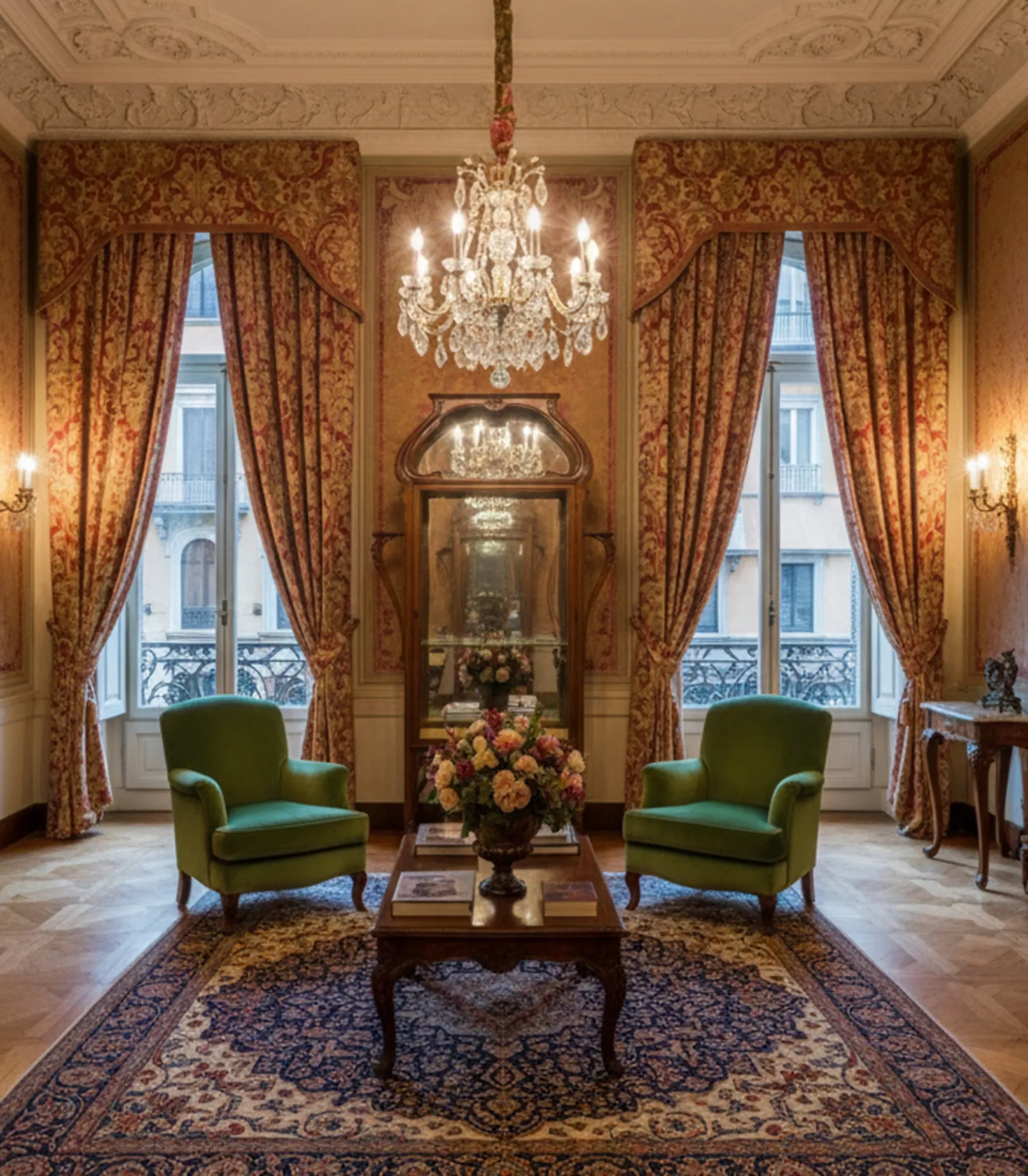 Antique display cabinet in an elegant living room.