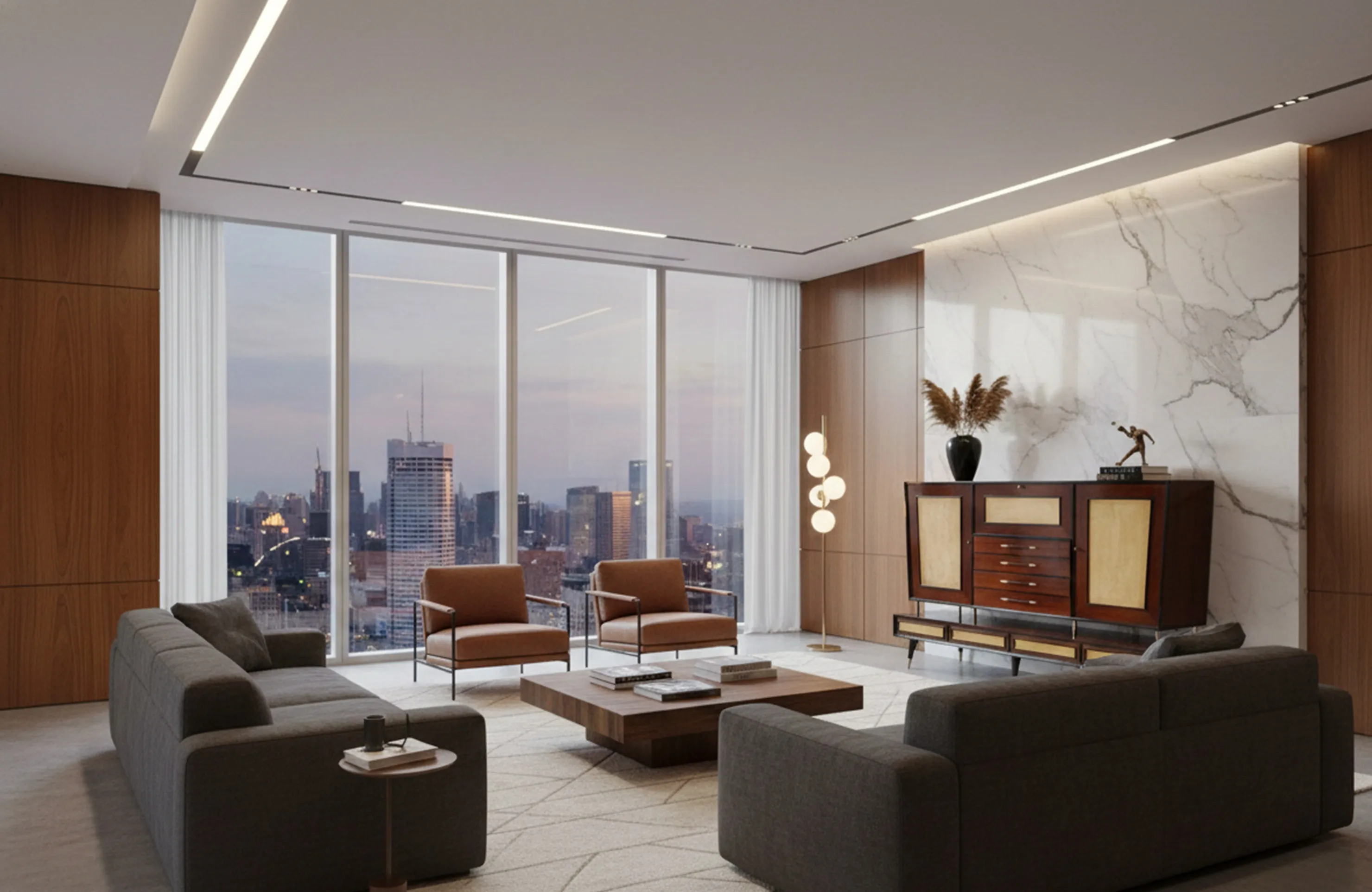 biblioteca antigua en un salón moderno con vista urbana