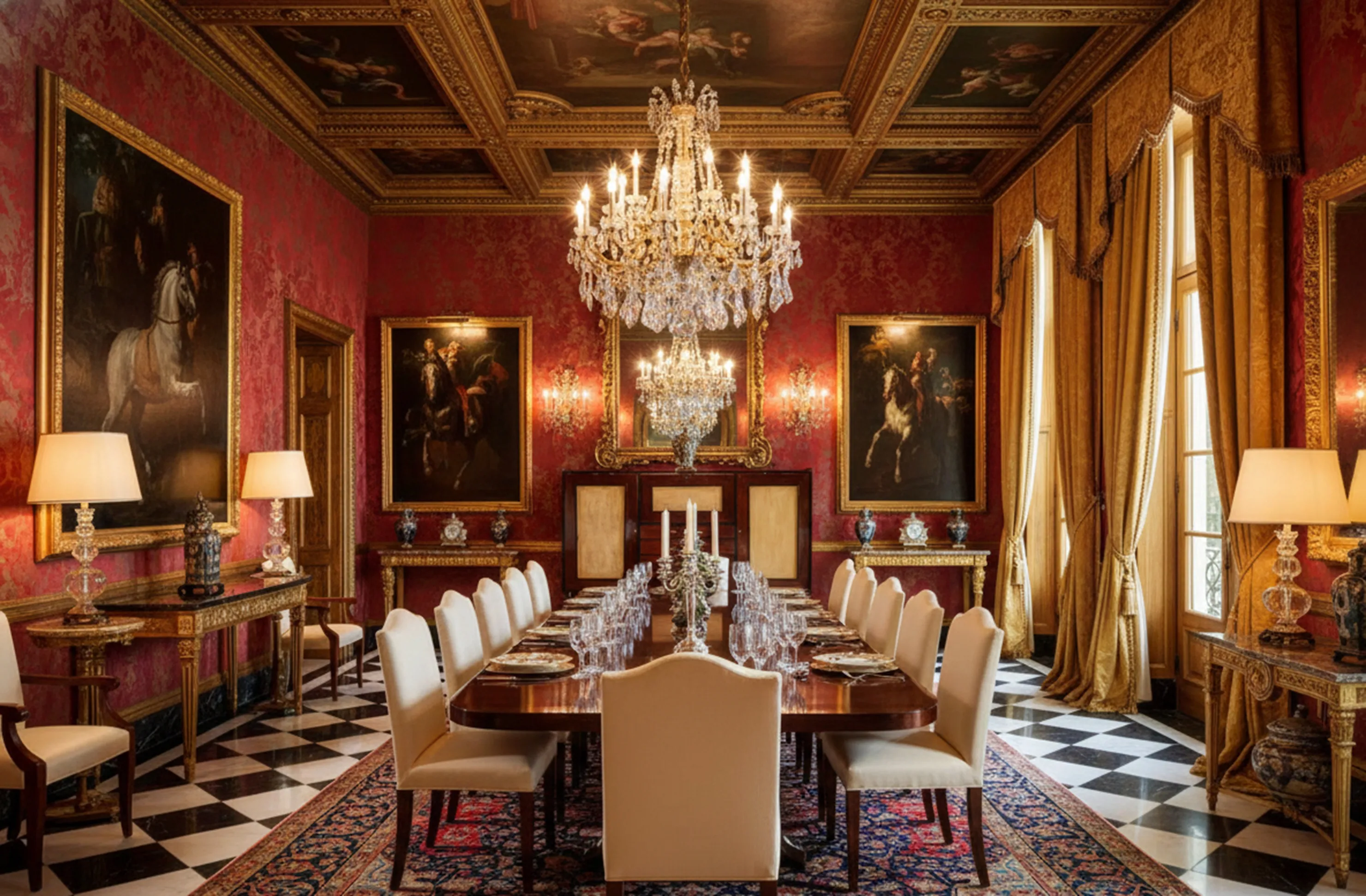 antique decorative bookcase in elegant dining room