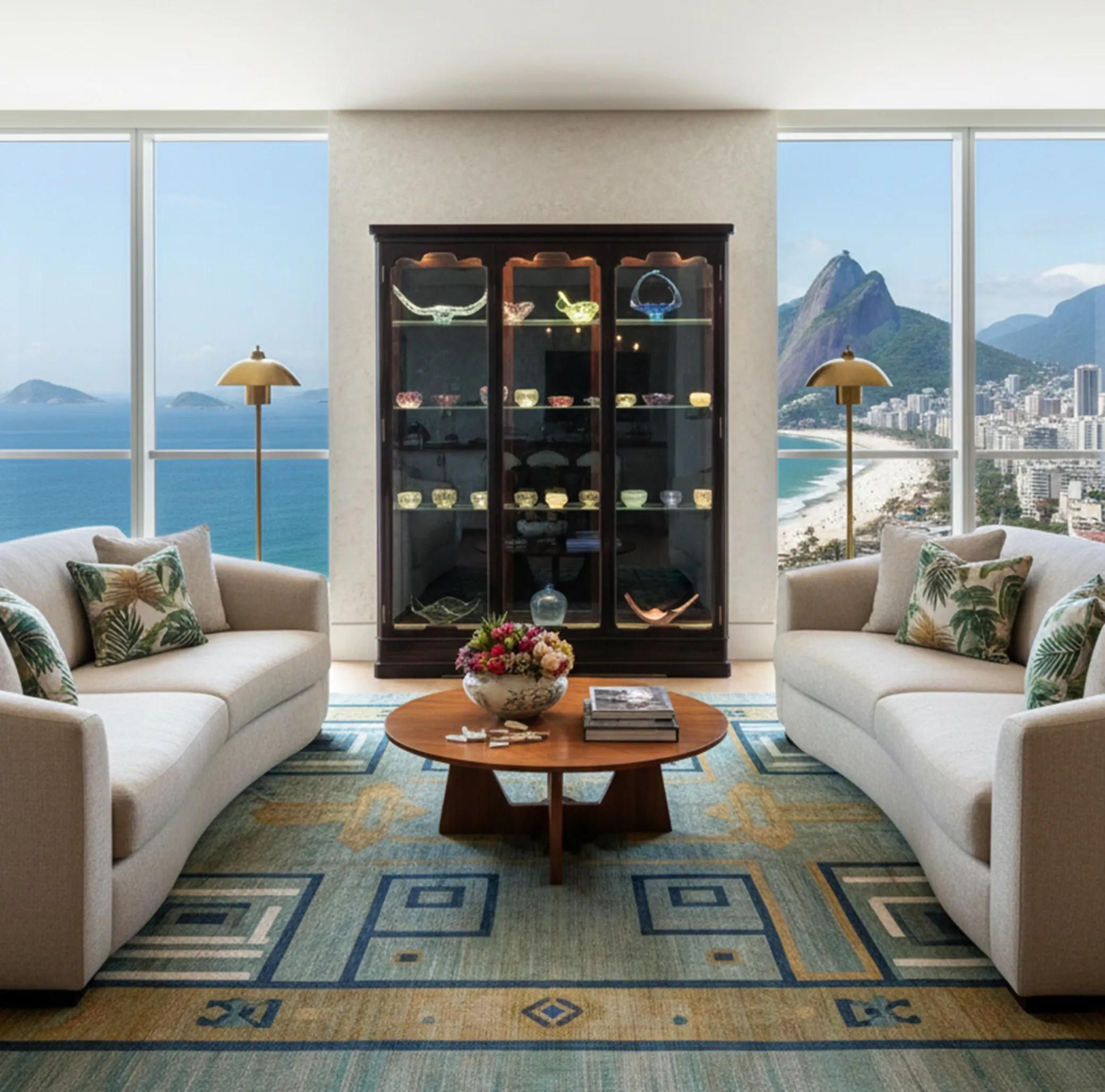 vitrine antiga exibindo objetos de vidro em um ambiente moderno