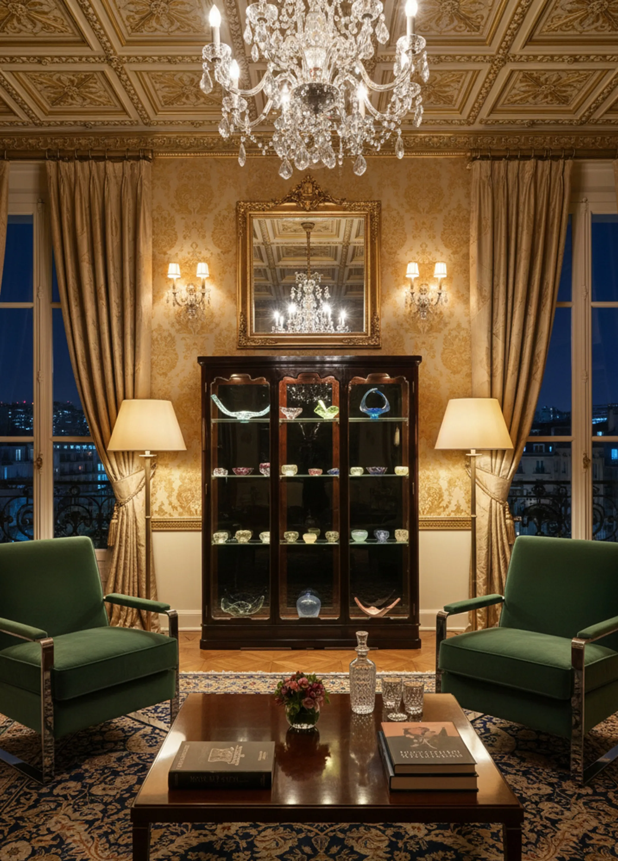 vitrine antiga cercada por móveis elegantes e modernos