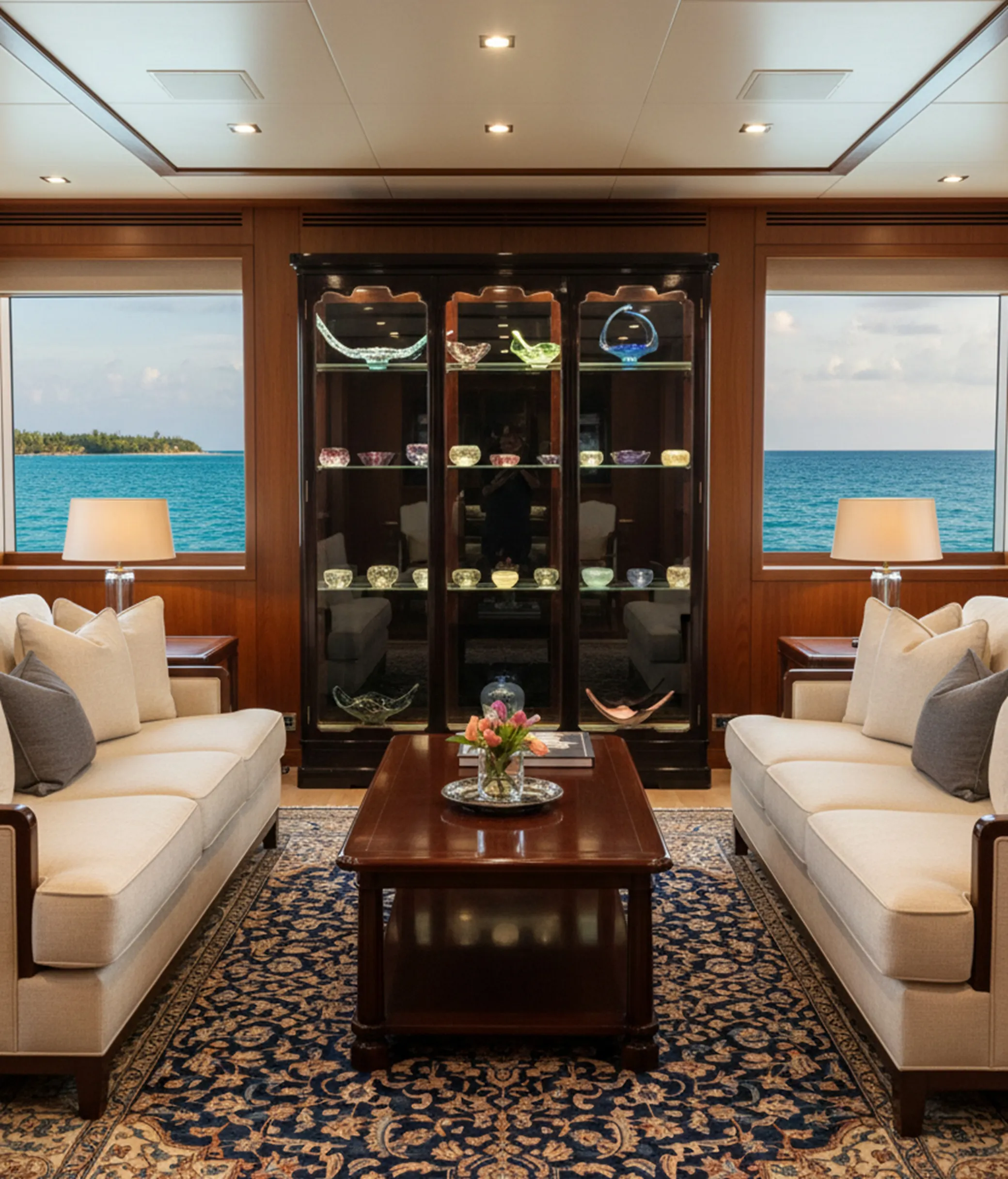 Antique display cabinet in a luxurious living room with decor.