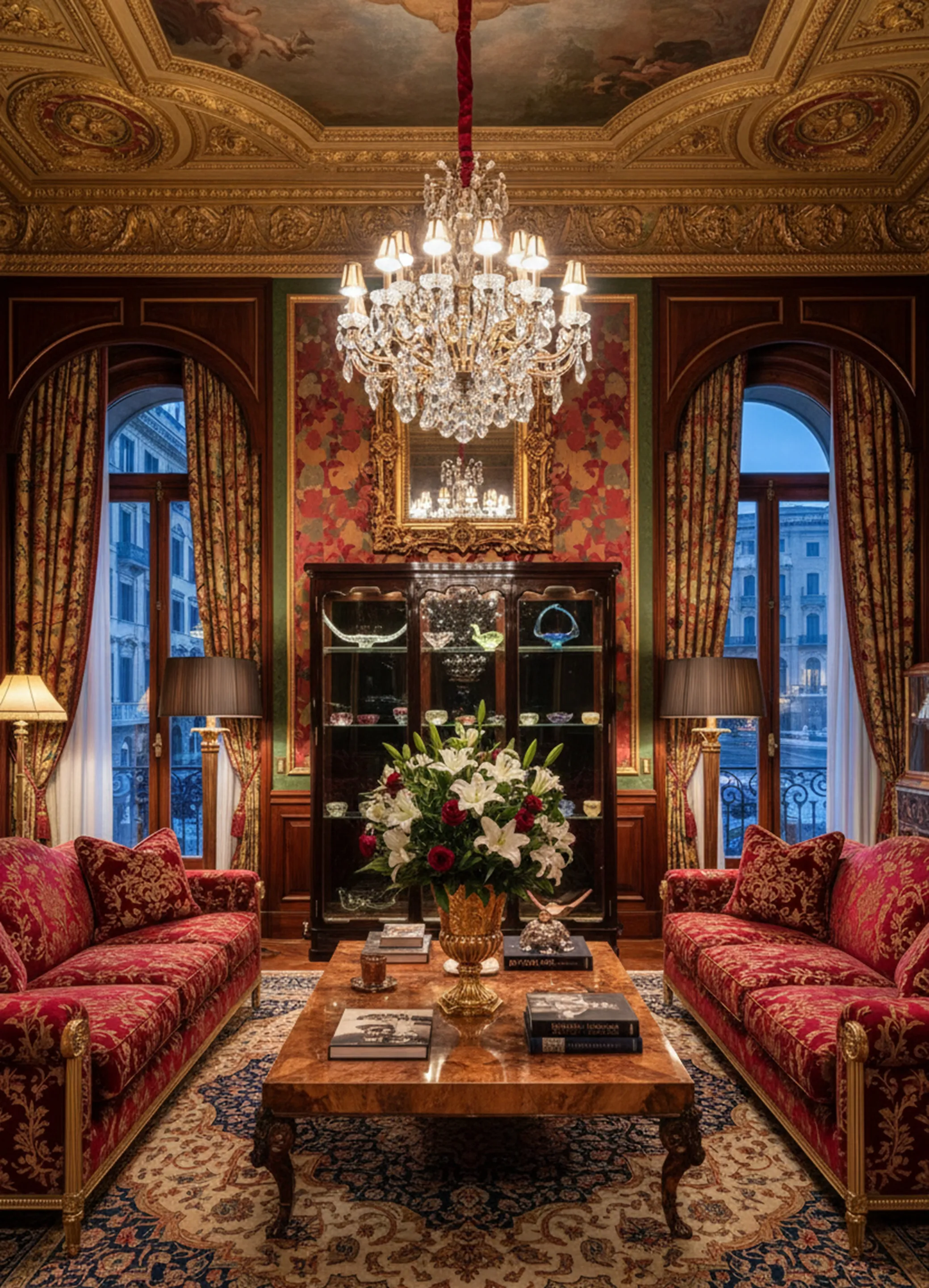 vitrine antique avec du verre dans un cadre luxueux avec des fleurs