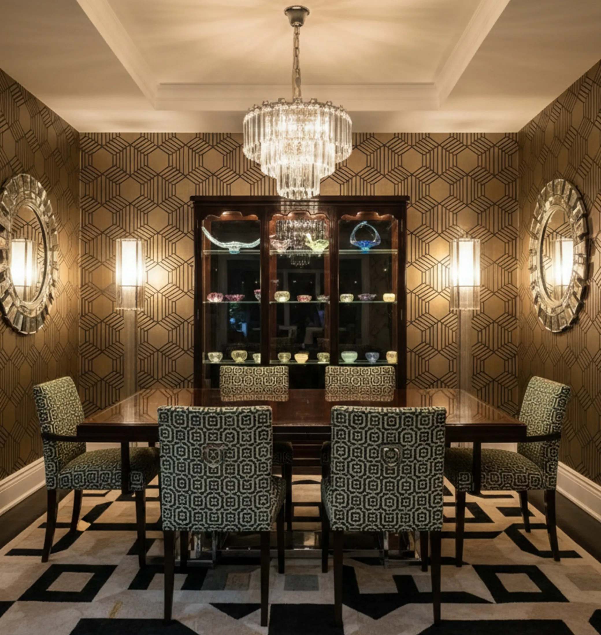 Античная витрина в элегантно оформленной комнате.