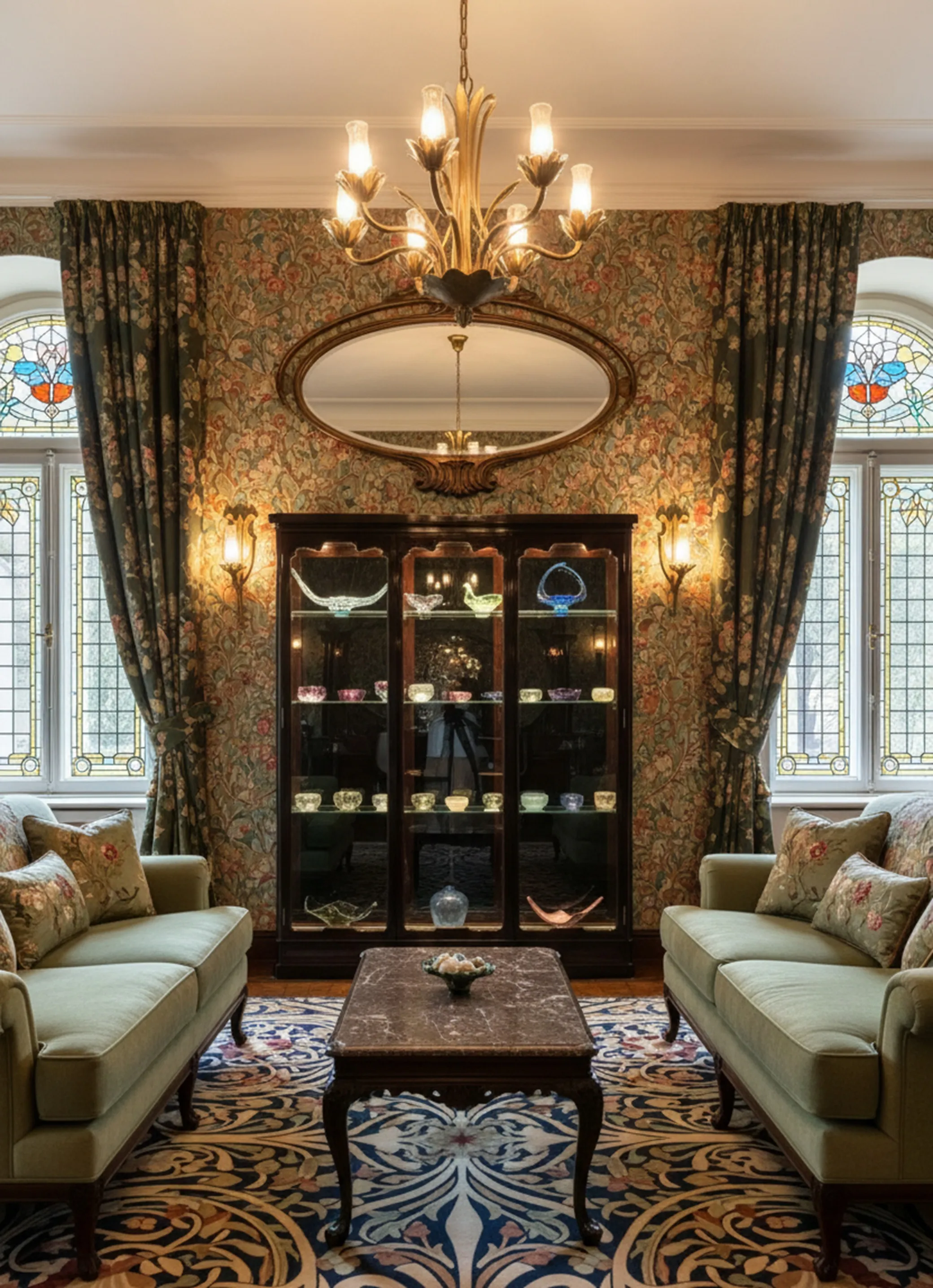 Vitrina antigua con cristal y colección de objetos decorativos, entorno elegante.