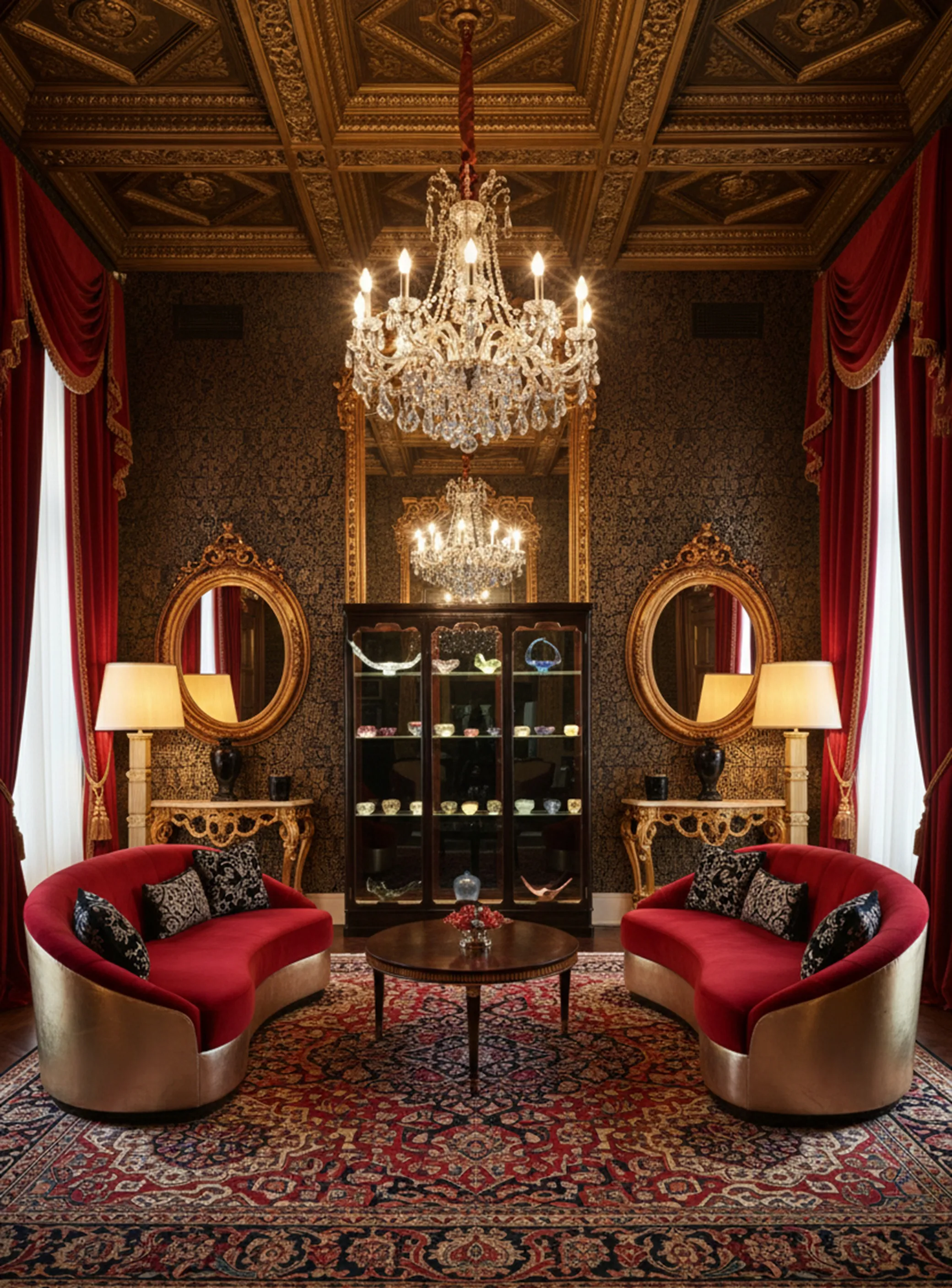 古い装飾的な陳列ケース、クラシックな環境での飾り物を展示する照明付き。