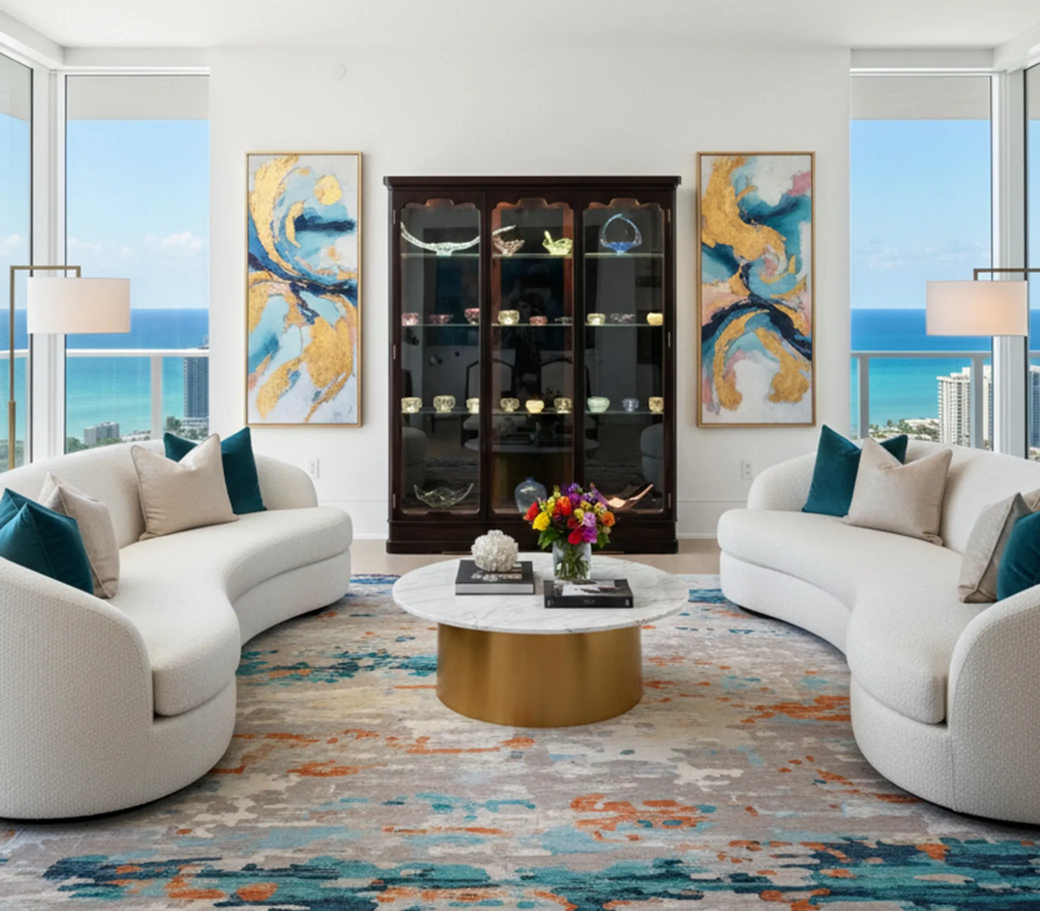 Vitrina antigua con decoración, flores y arte moderno alrededor