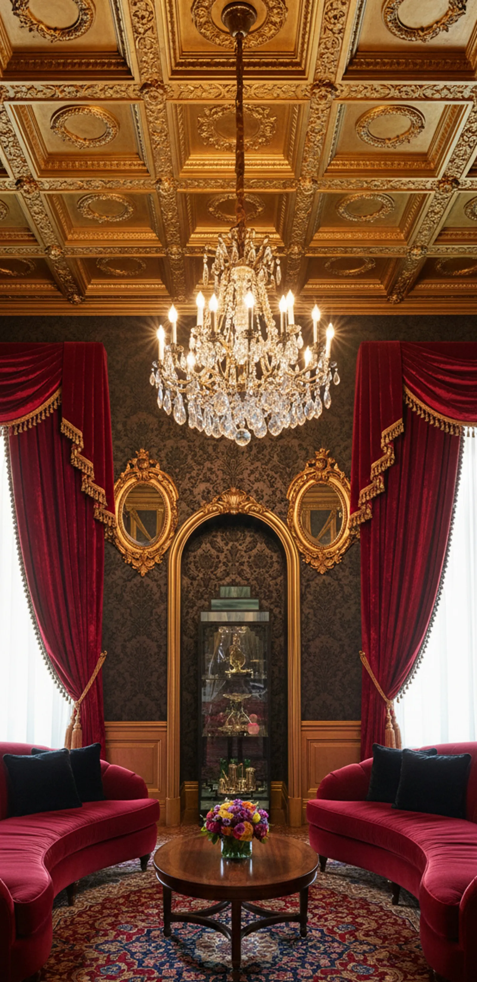 Vitrine ancienne élégante dans un cadre classique avec canapés et rideaux rouges