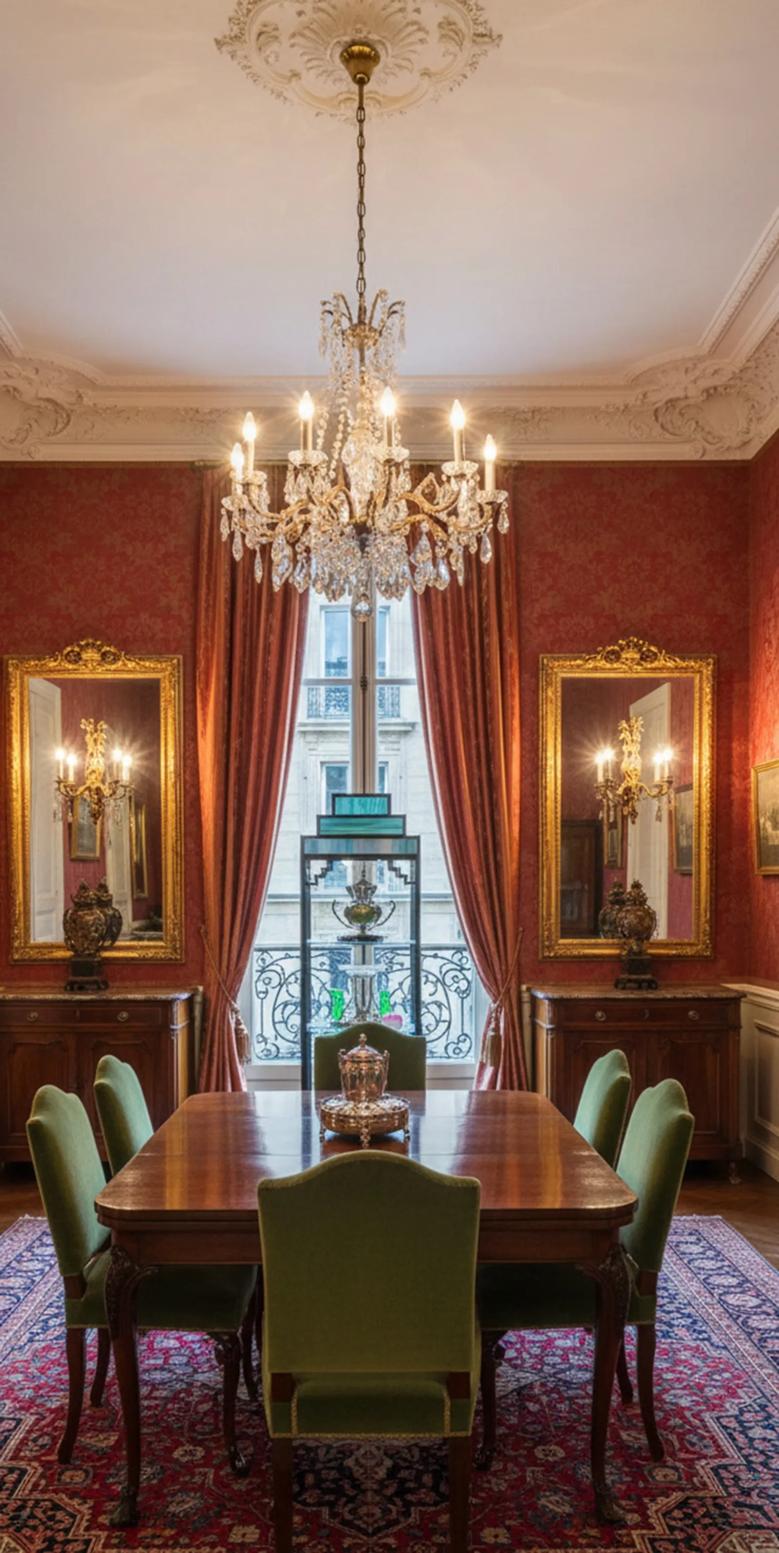 Antique display cabinet of classic furniture in an elegant living room, with gilded and decorative details.