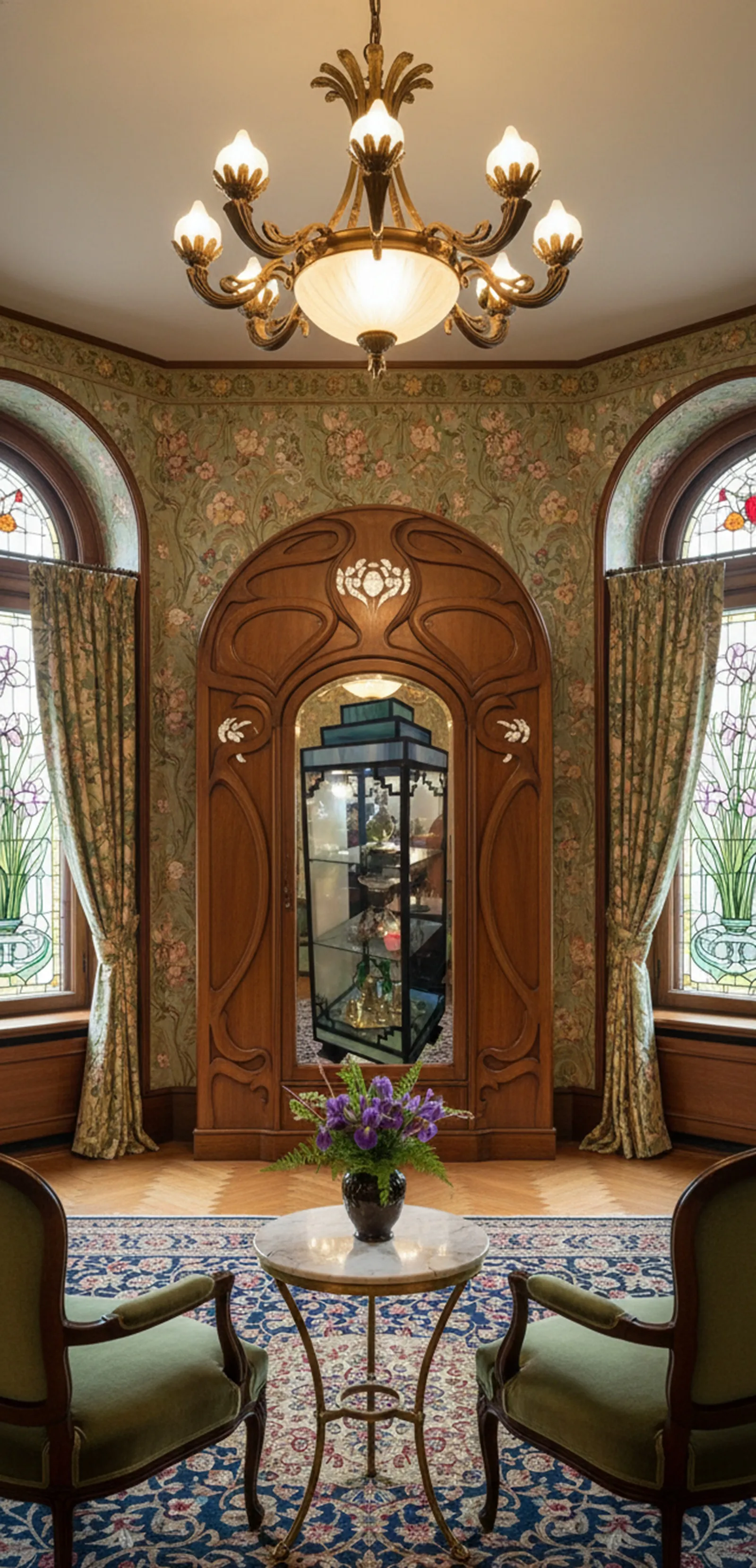 Vitrine ancienne dans un cadre élégant avec des fleurs et des rideaux.