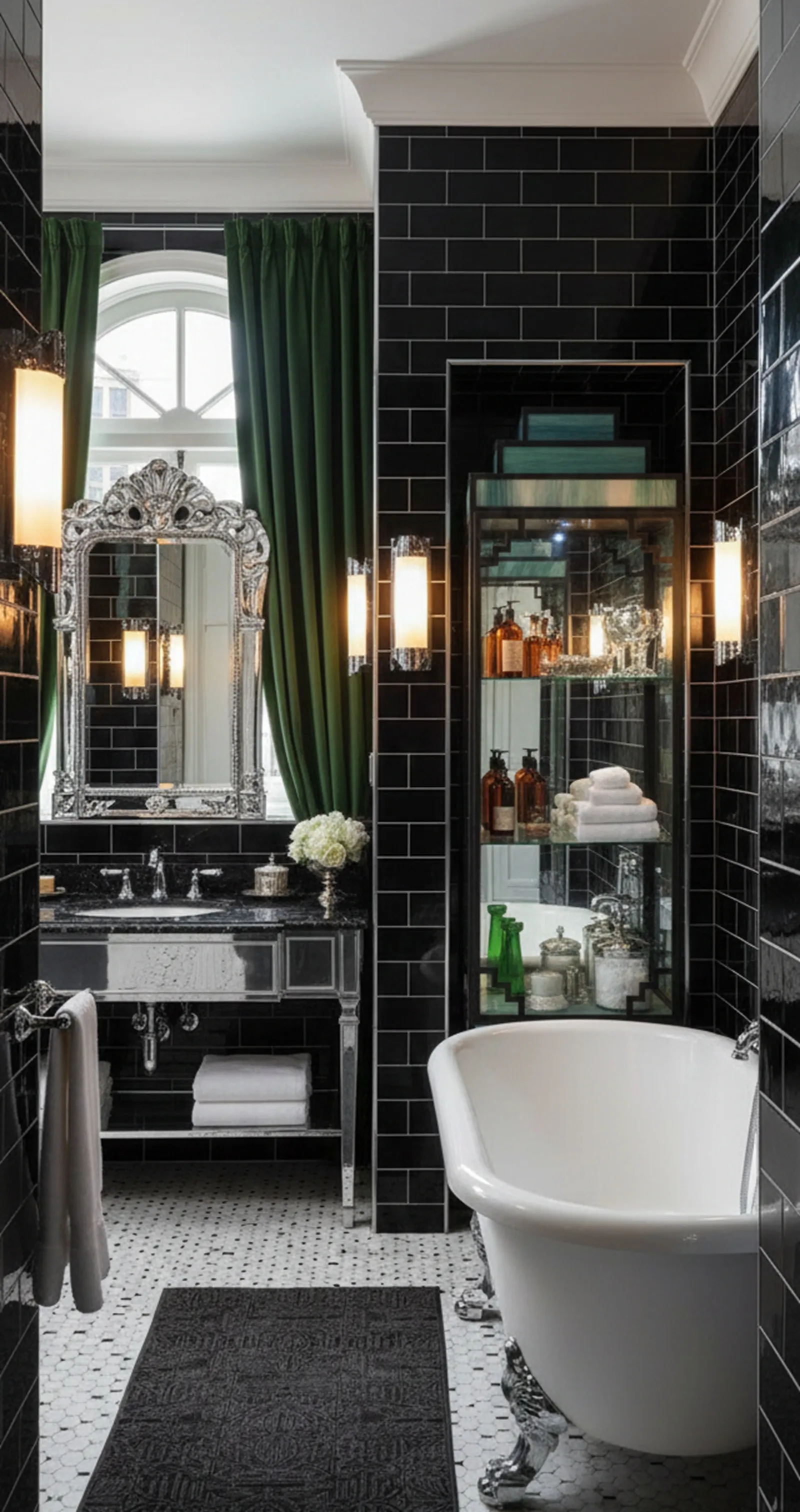 vetrina antica che espone prodotti da bagno in un ambiente elegante