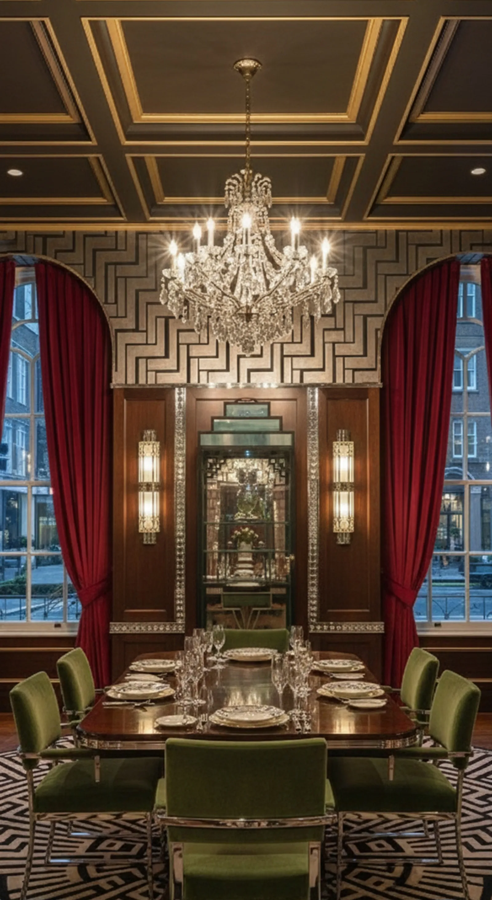 Vitrina antigua en un comedor elegante con una lámpara de cristal.