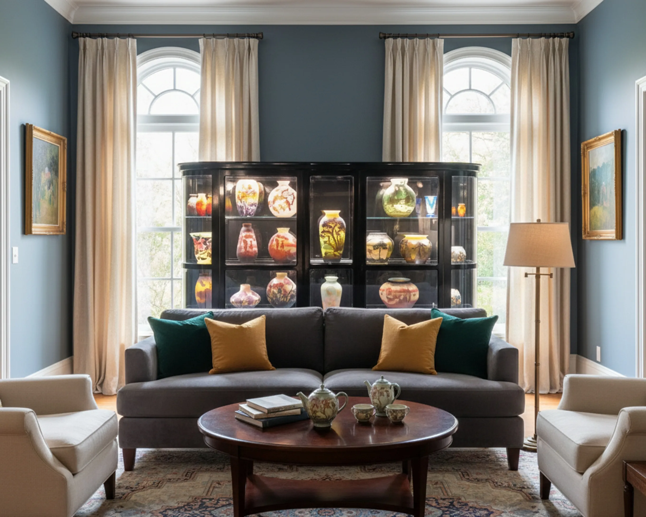 色とりどりの花瓶が入ったアンティーク陳列ケース