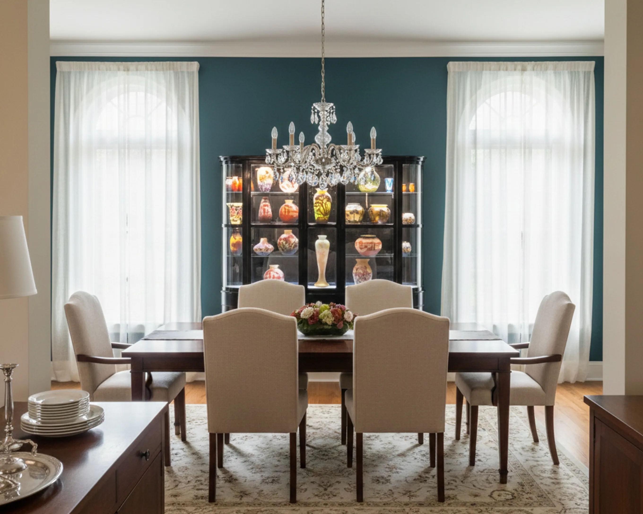 vetrina antica che espone vari oggetti colorati