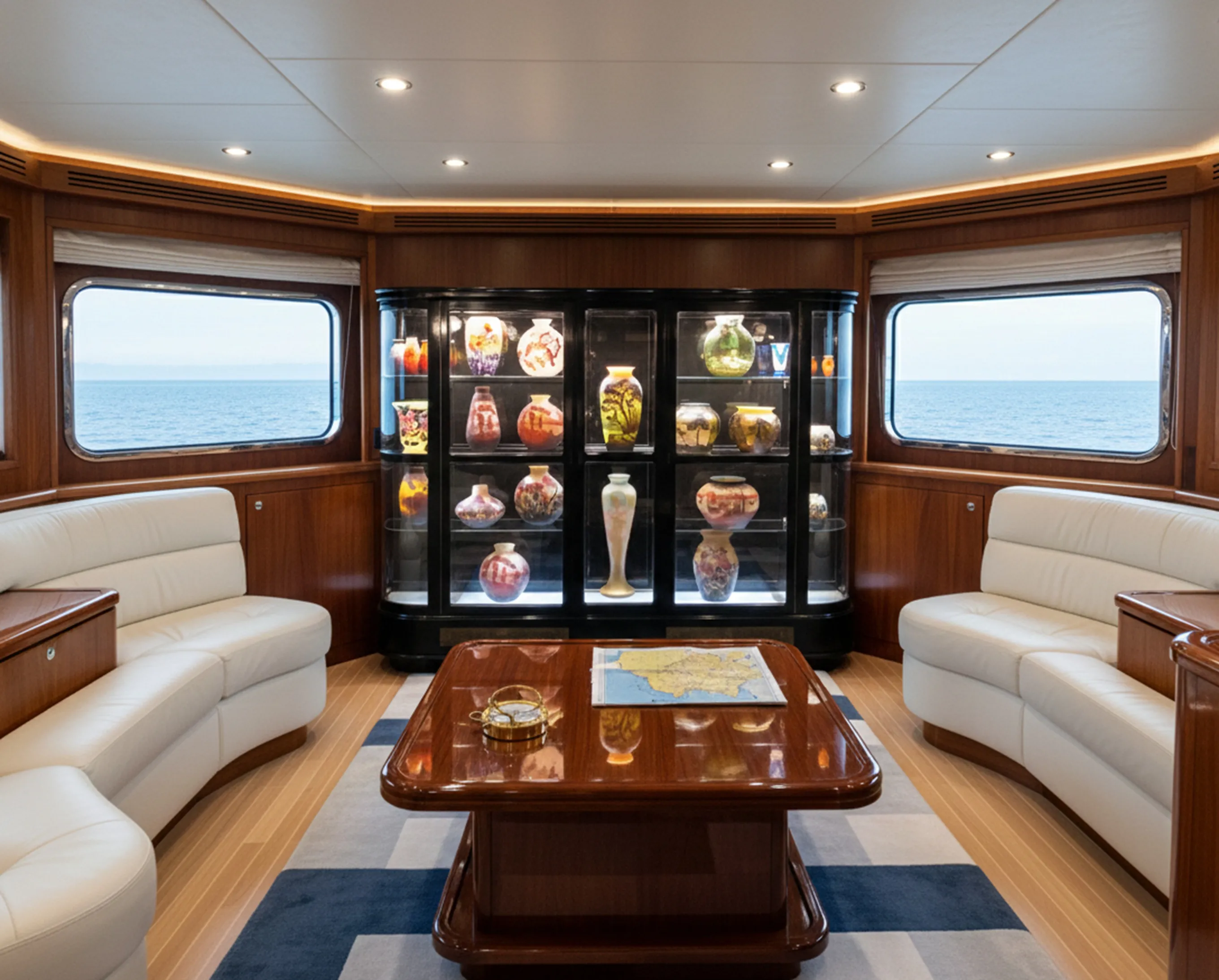 витрина с подсветкой, окруженная цветными вазами в морском окружении