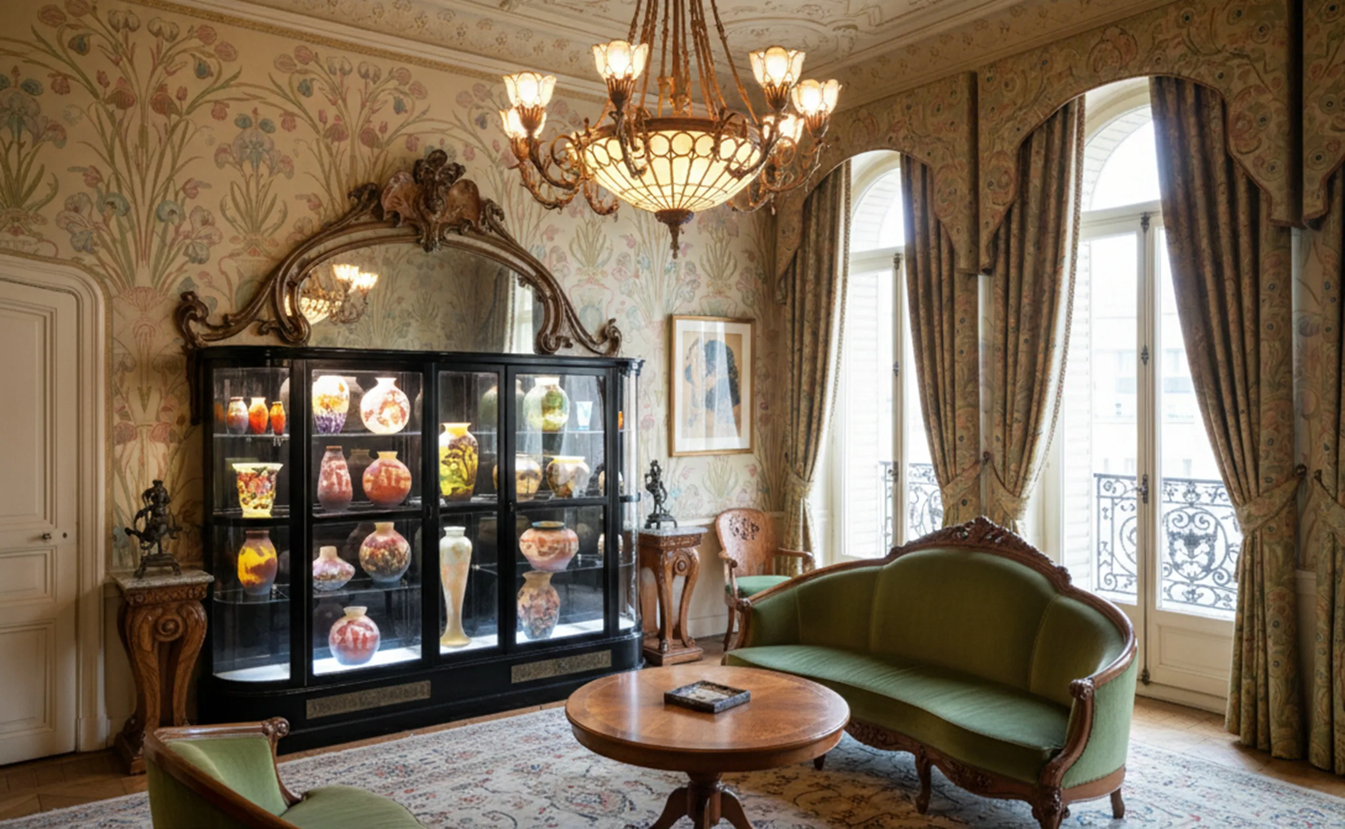 内部有五颜六色花瓶的古董展示柜