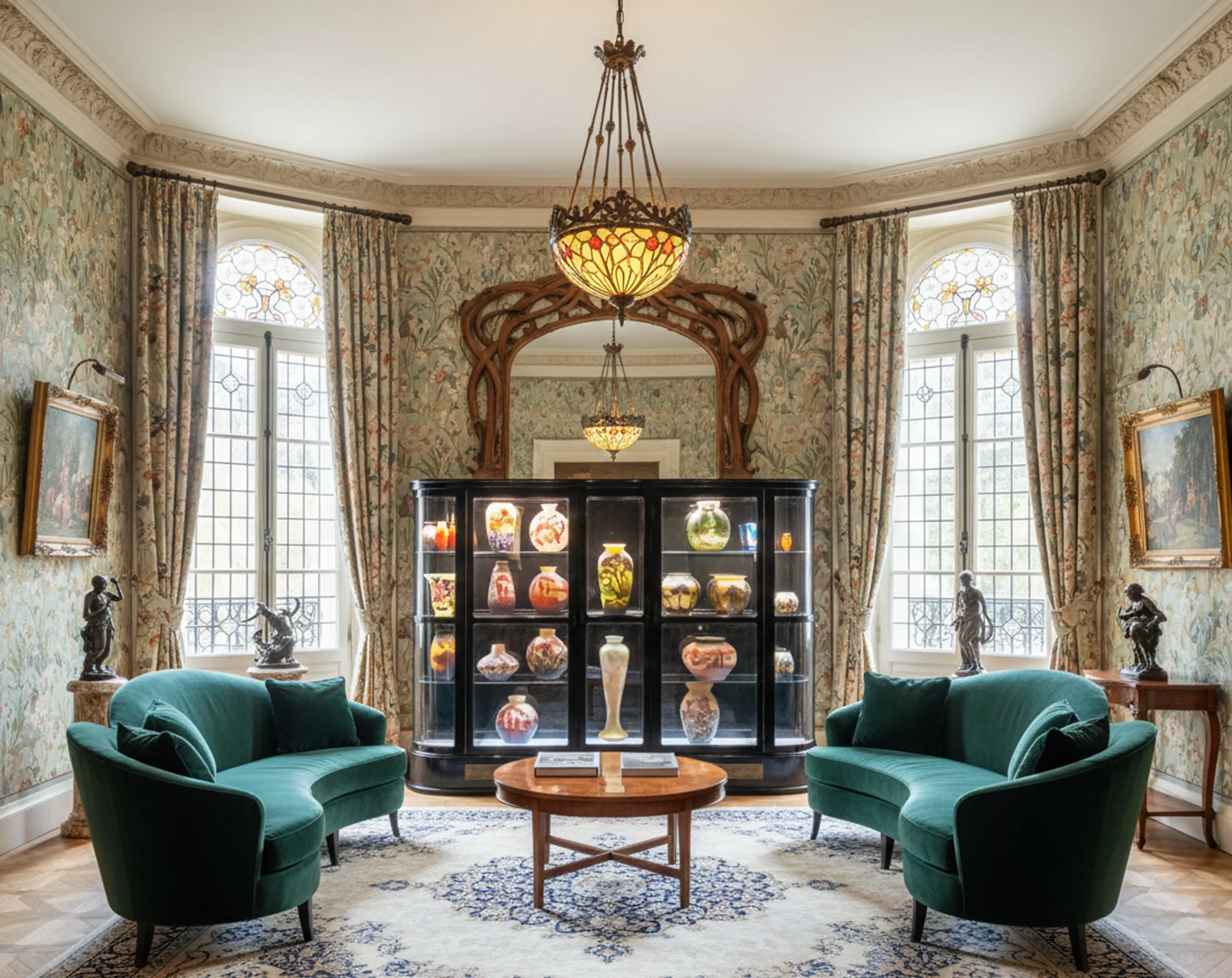 Vetrina antica in una stanza decorata con oggetti da collezione