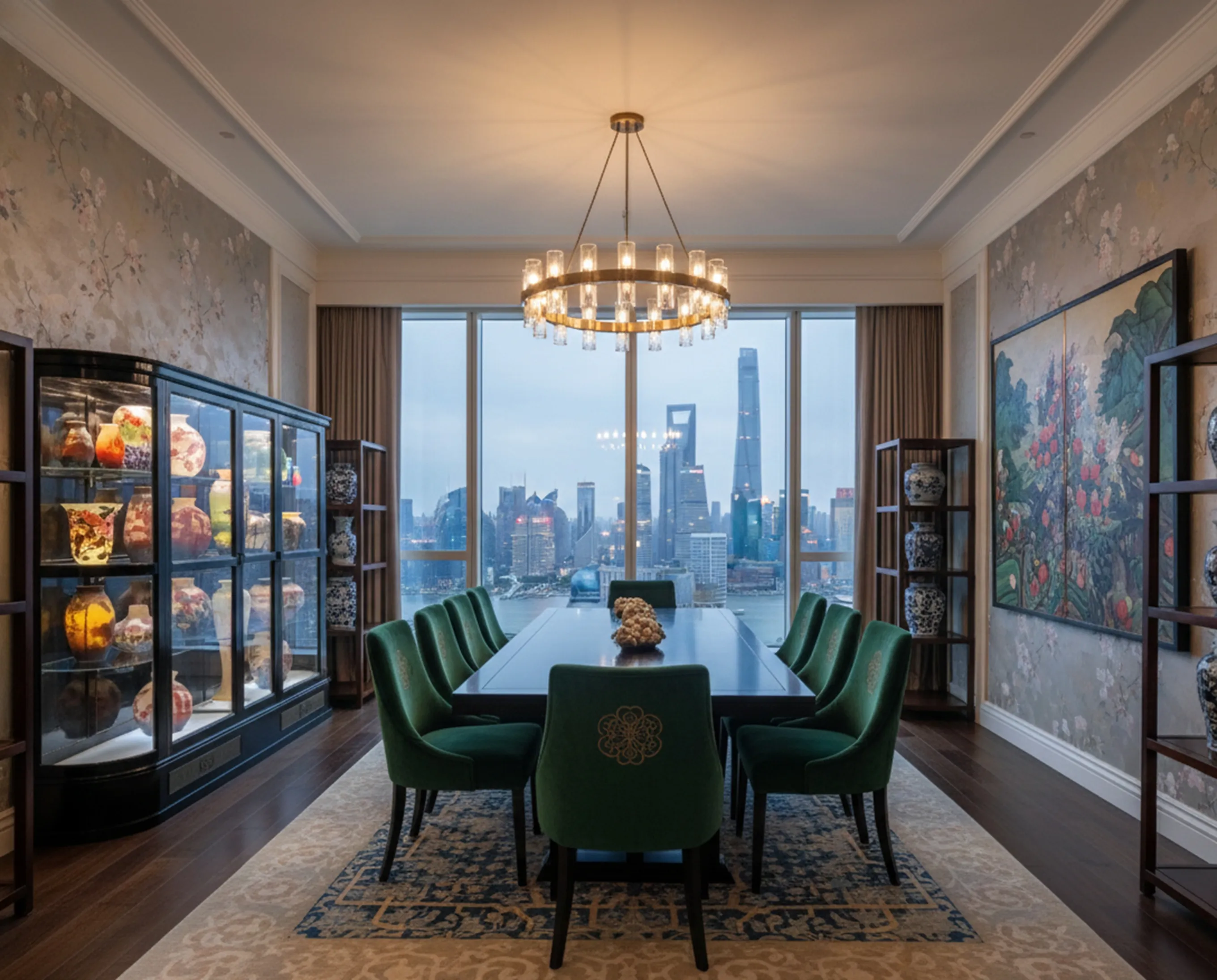 антикварная витрина с цветными вазами в элегантной обстановке