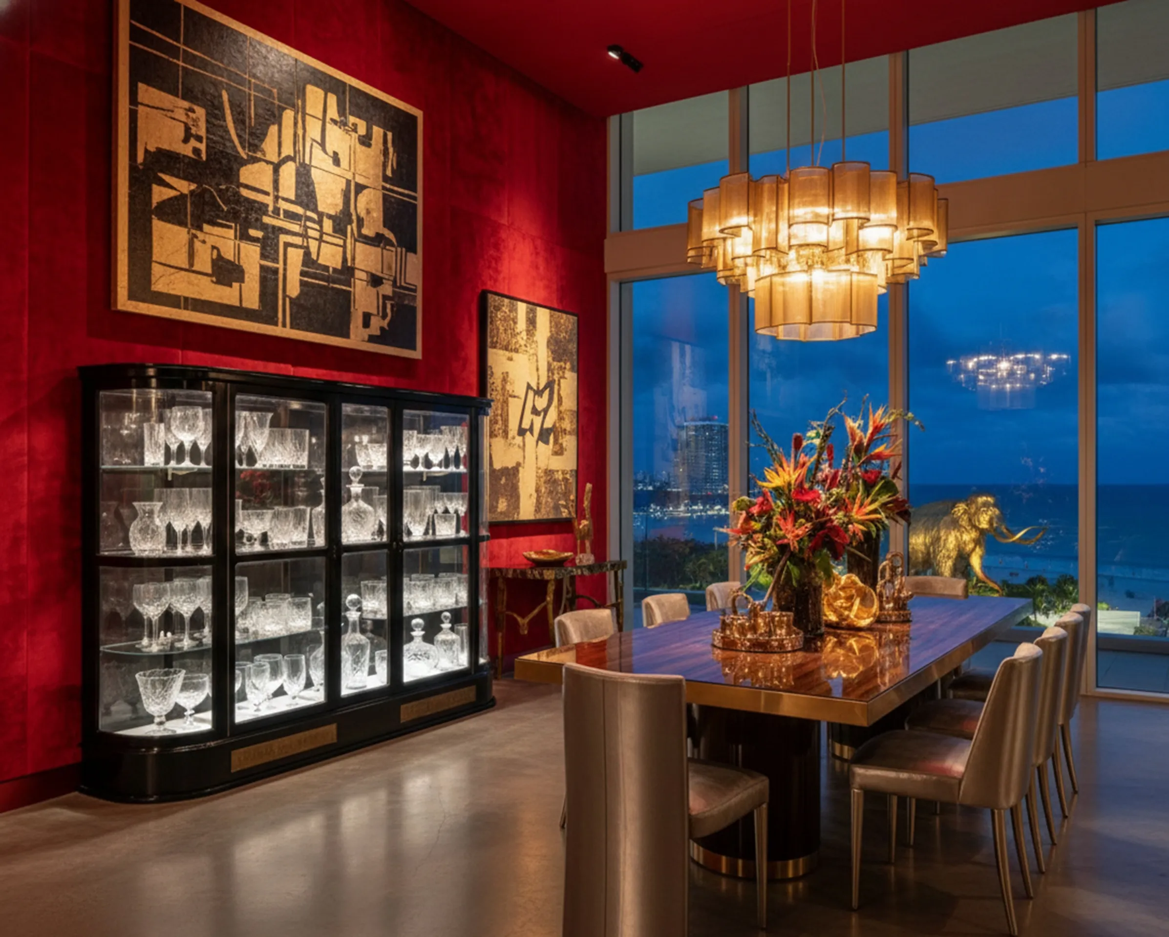 Vitrine ancienne mettant en avant des accessoires en verre dans un cadre élégant.