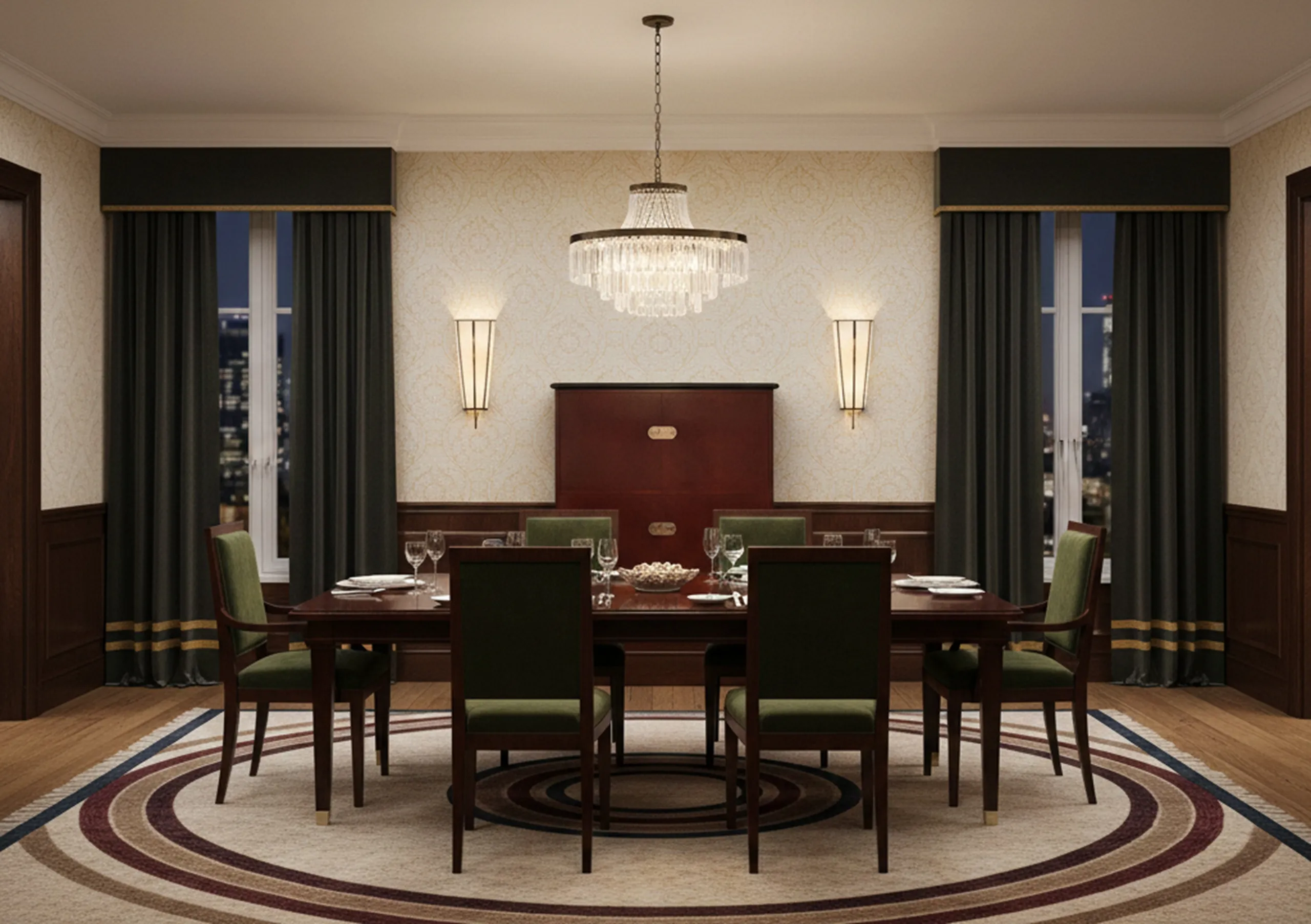 Biblioteca antigua en un elegante salón con mesa y sillas.