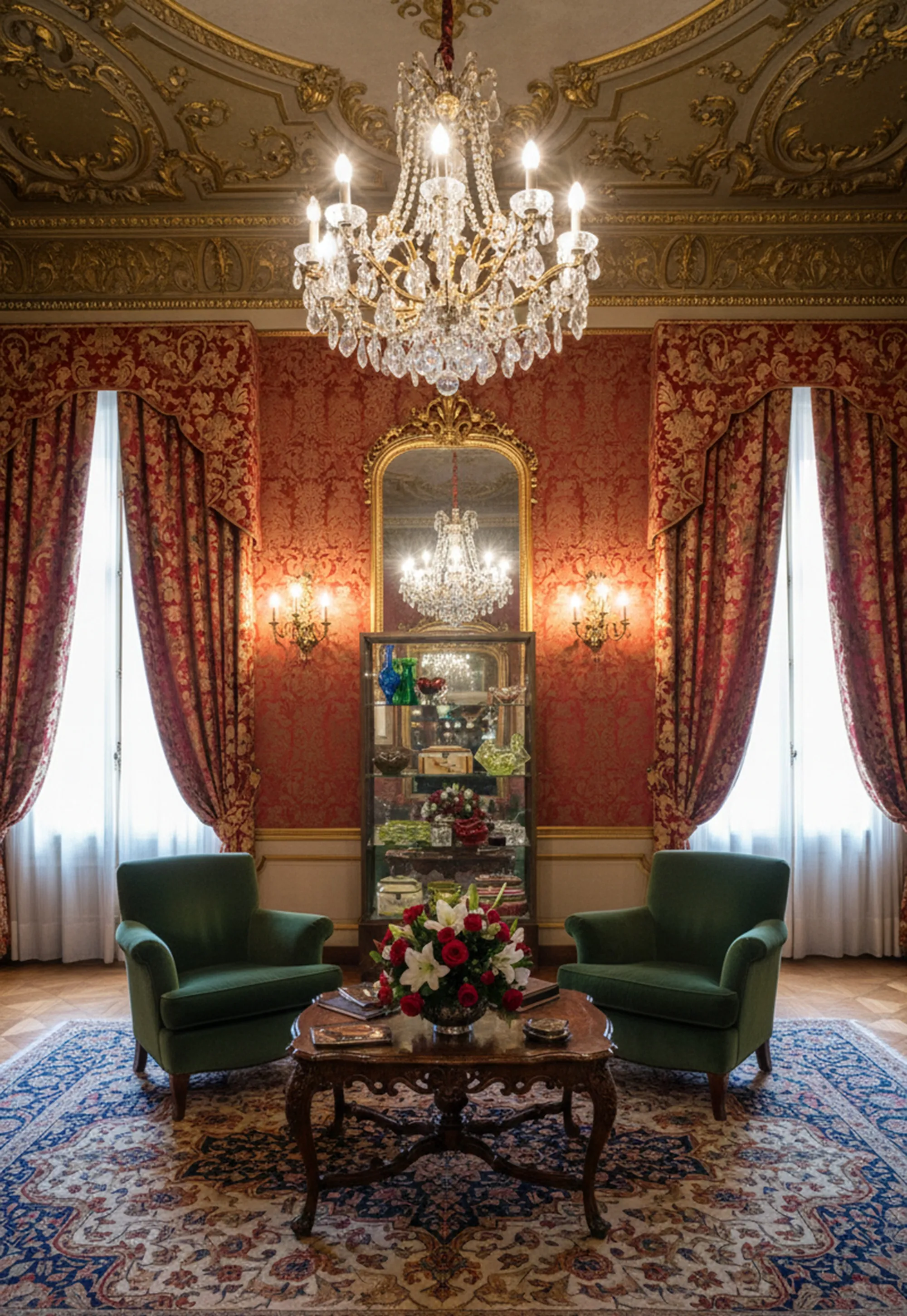 装飾品とエレガントな環境を持つ古い陳列ケース。