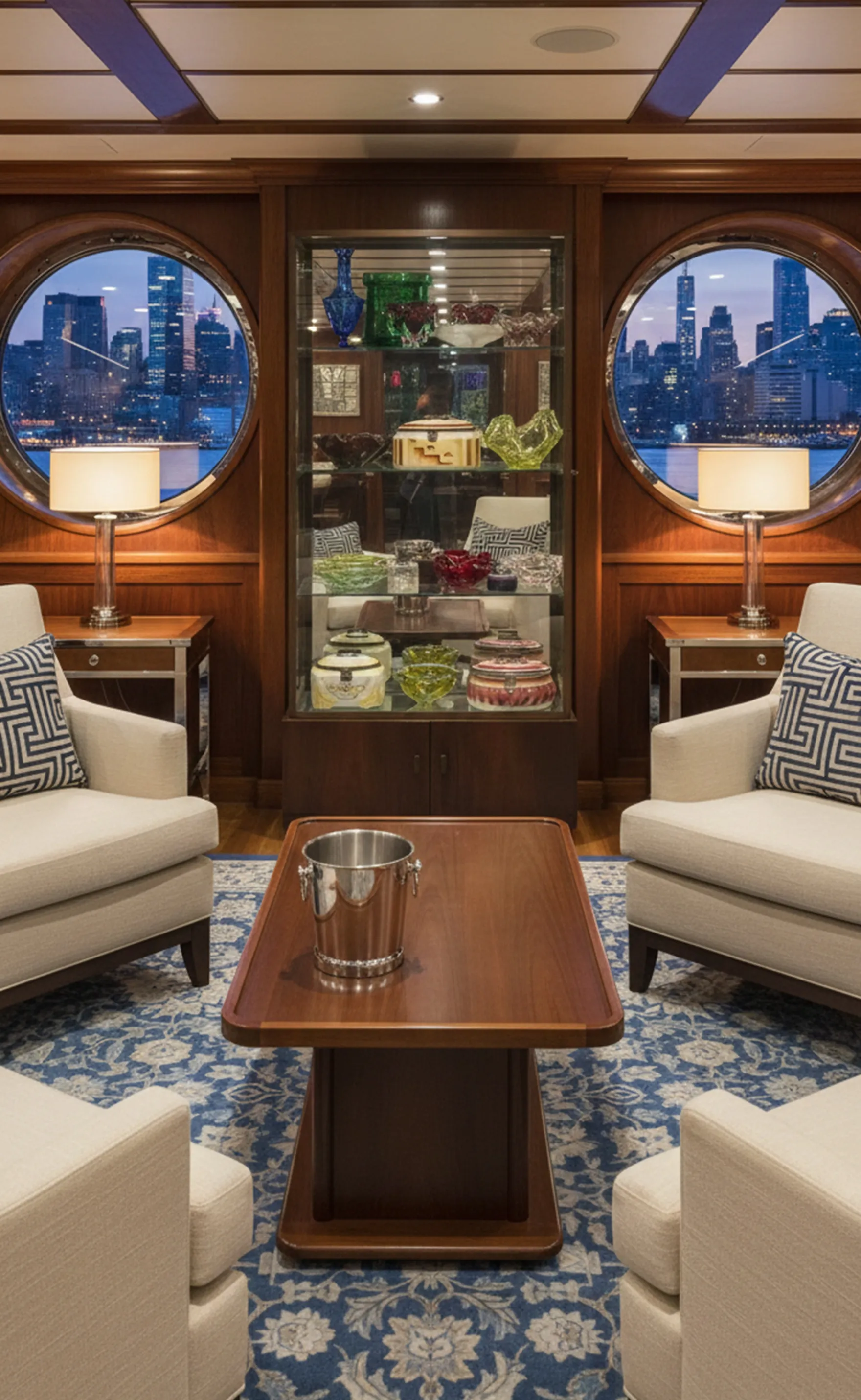 Antike Vitrine mit dekorativen Gegenständen und gemütlicher Atmosphäre.