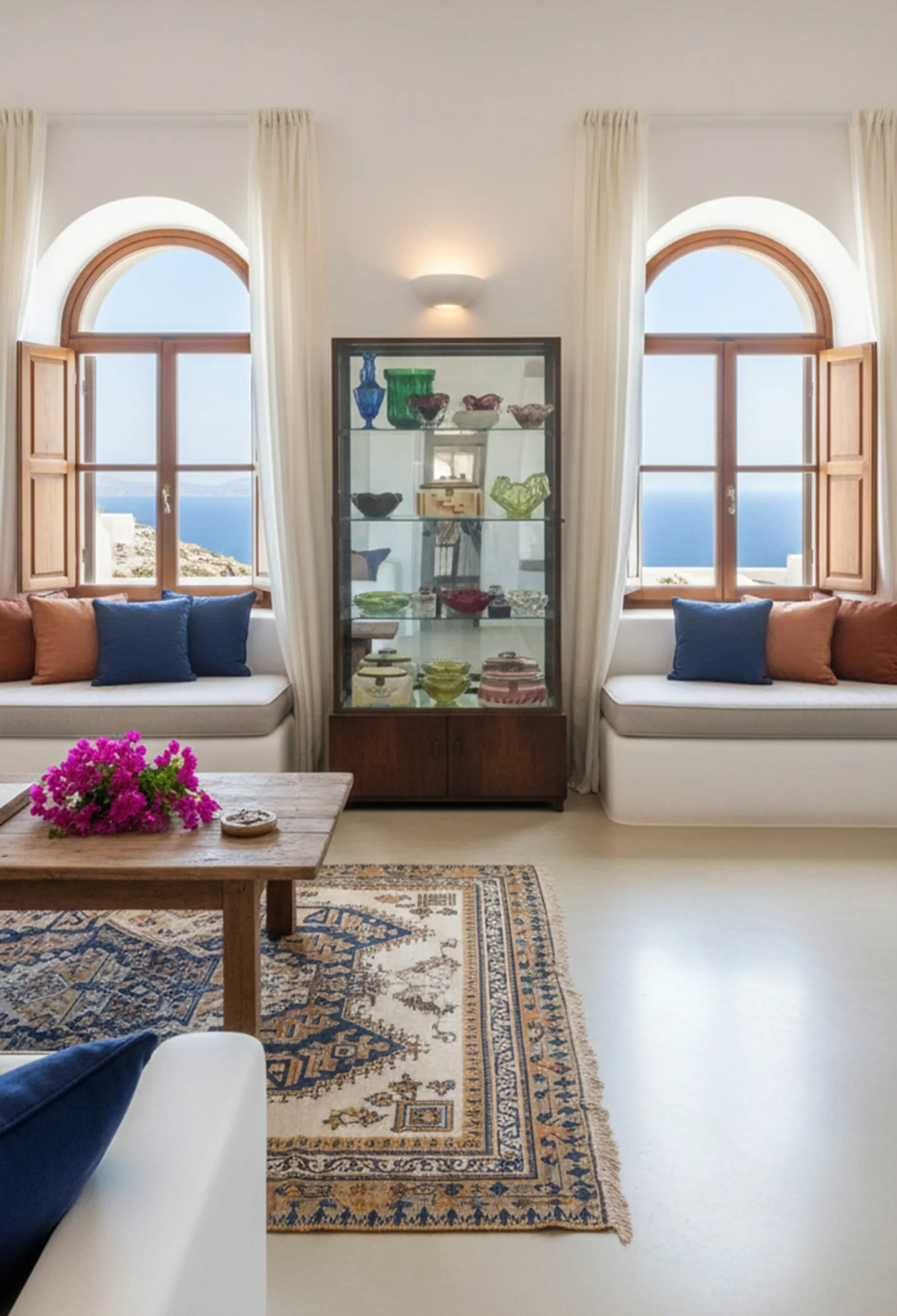 Antique display cabinet showcasing decorative items in a bright setting