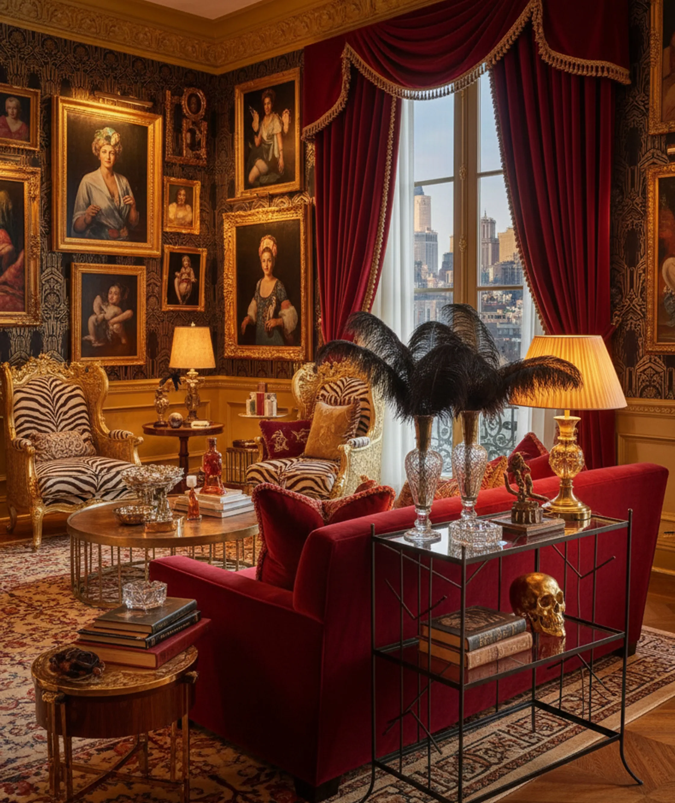 bibliothèque ancienne avec décors élégants et tableaux