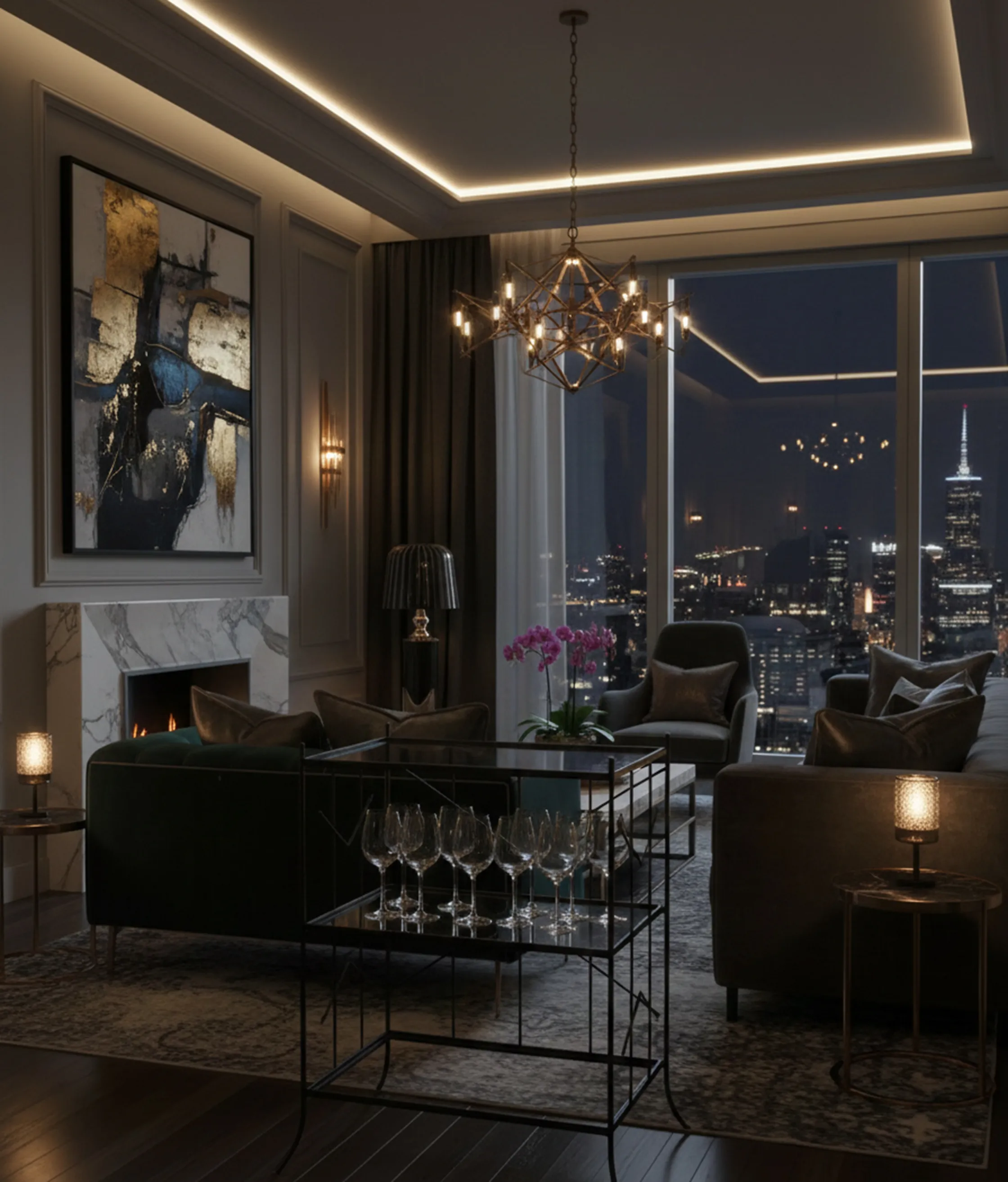 Mesinha antiga em uma sala elegante com luz suave e vistas