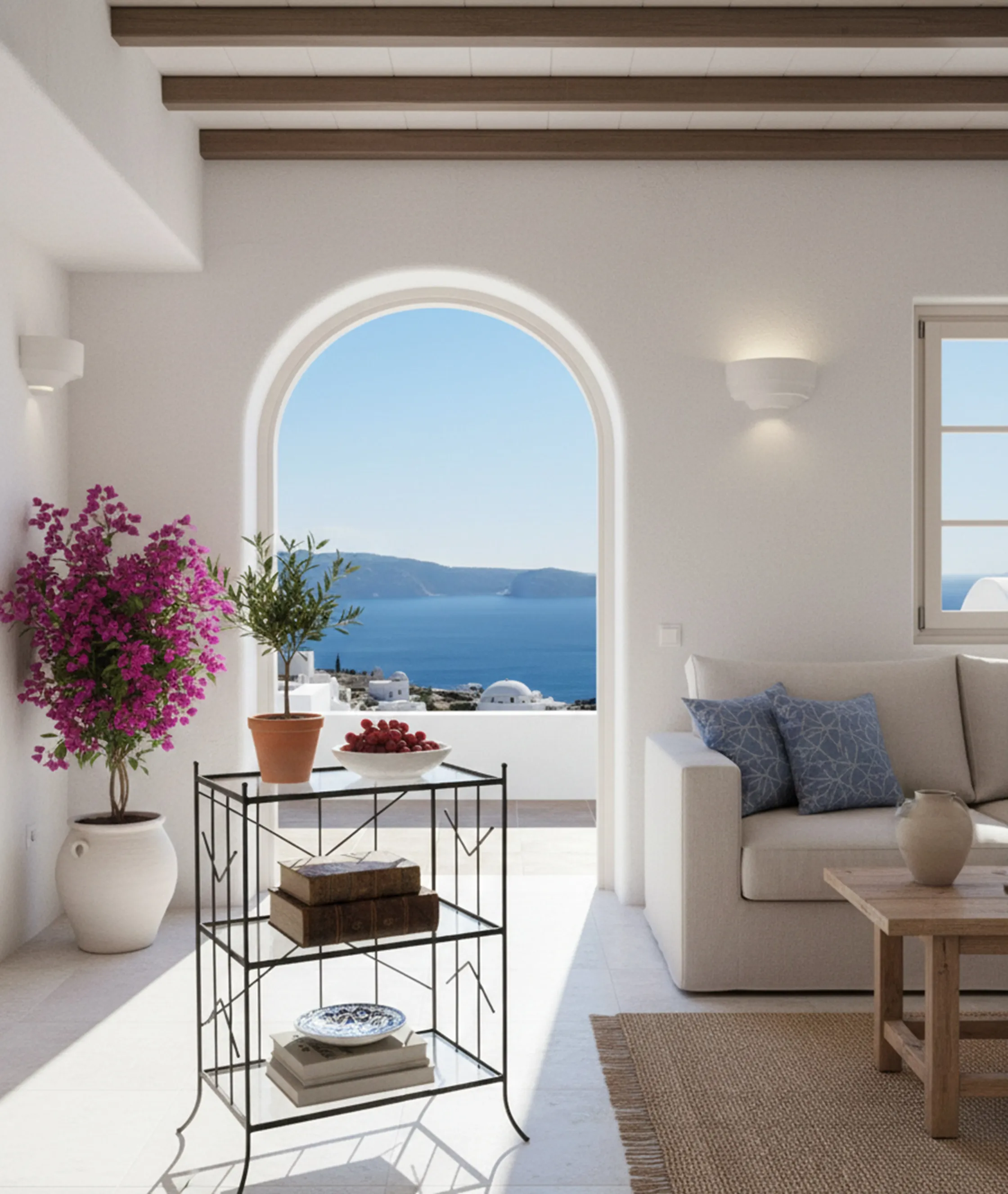 Античный маленький столик с книгами и декорациями в светлой комнате