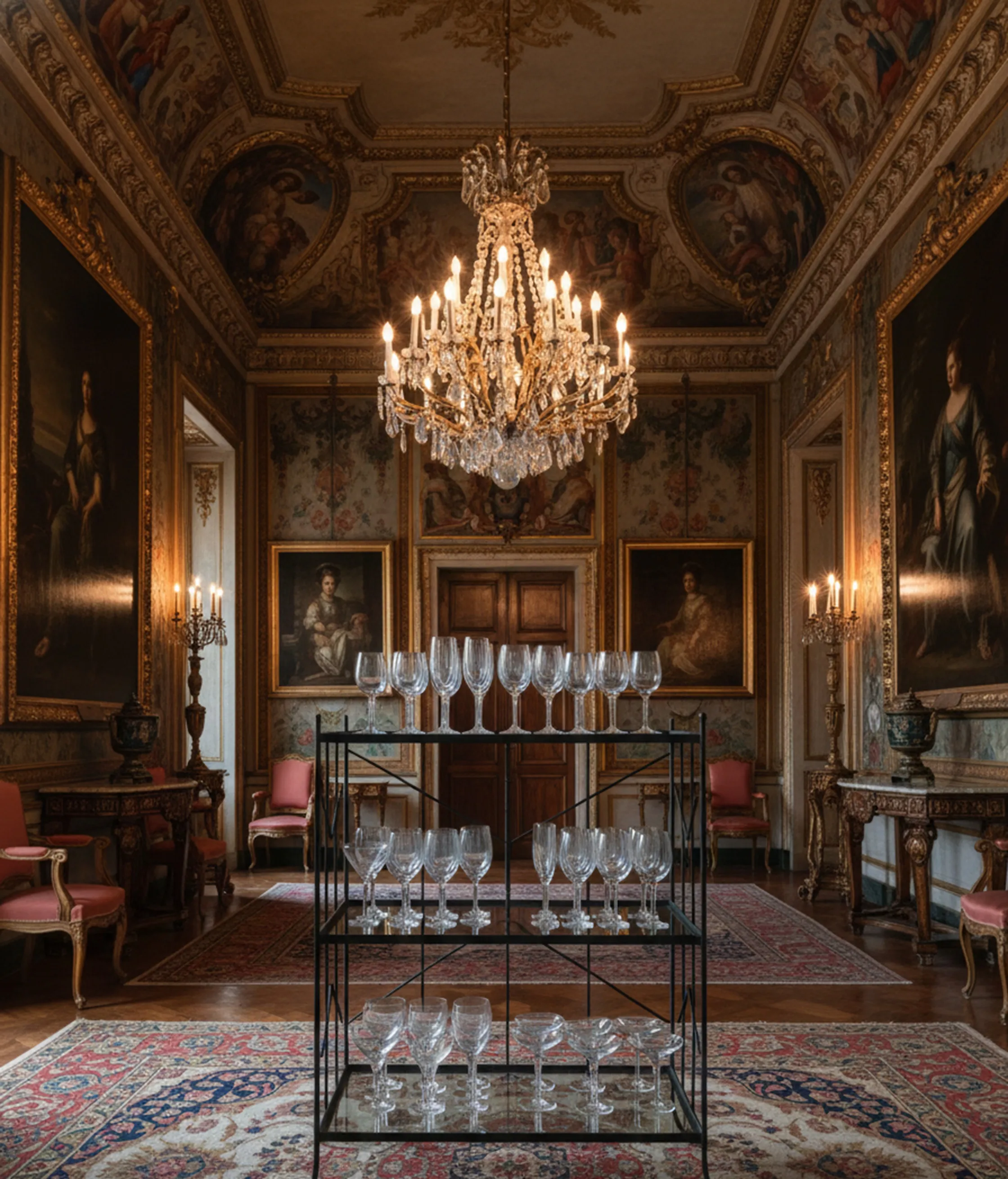 ein antiker kleiner Tisch in einem luxuriösen Raum mit Kronleuchtern