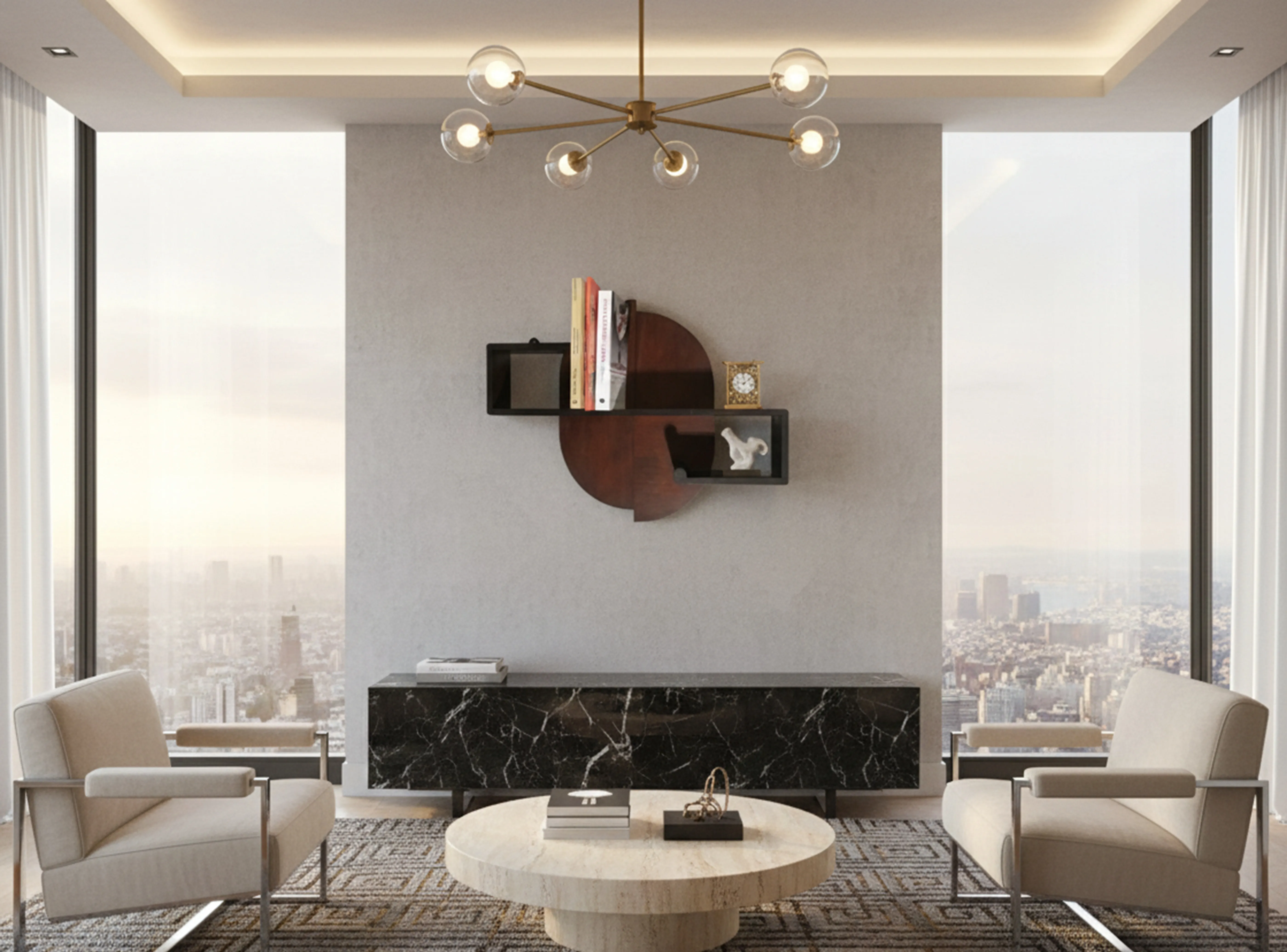 Estante de livros antigo em um ambiente moderno e elegante.