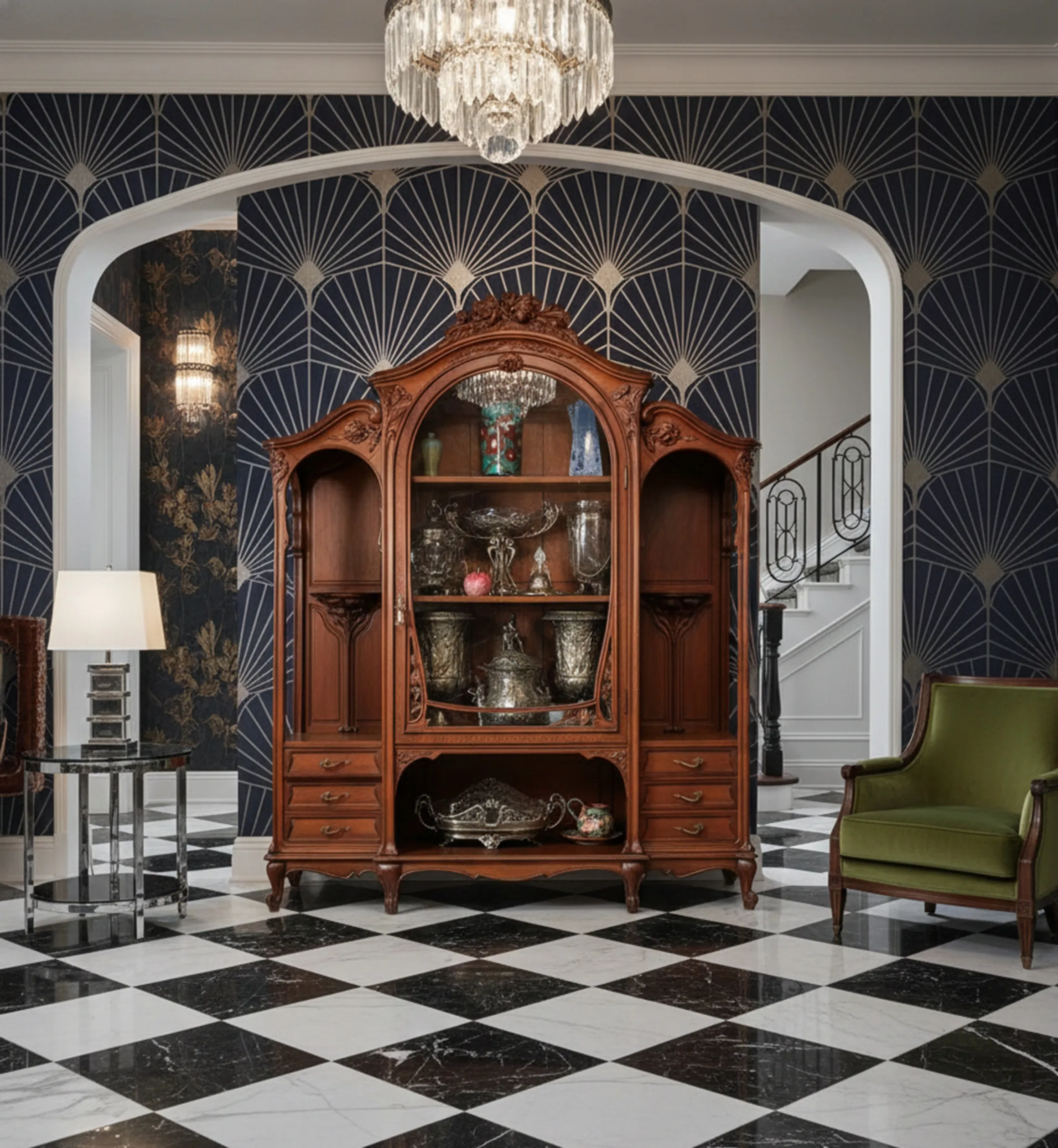 Vitrine ancienne avec décoration élégante dans un cadre sophistiqué