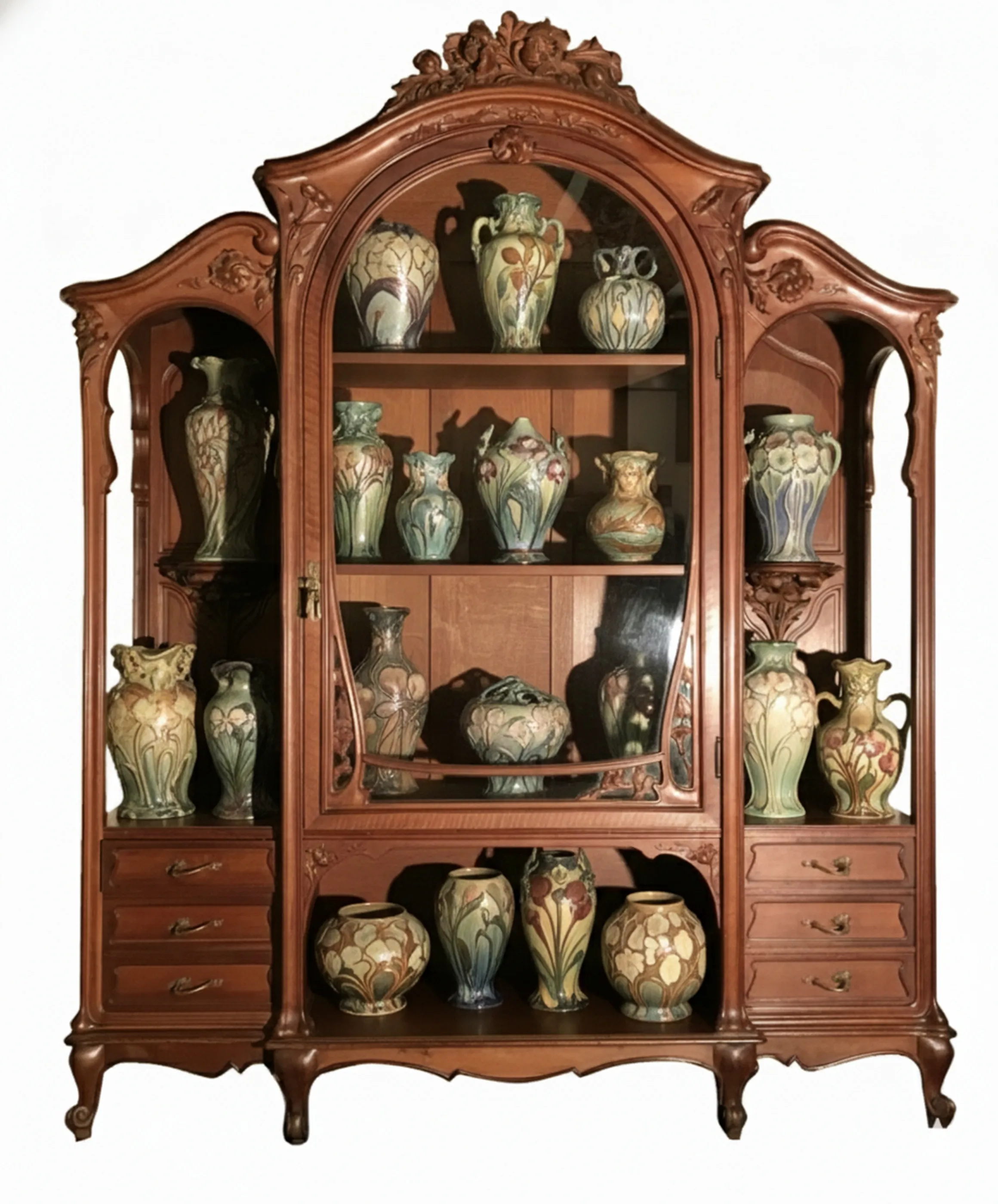 antique display cabinet with various decorative vases inside