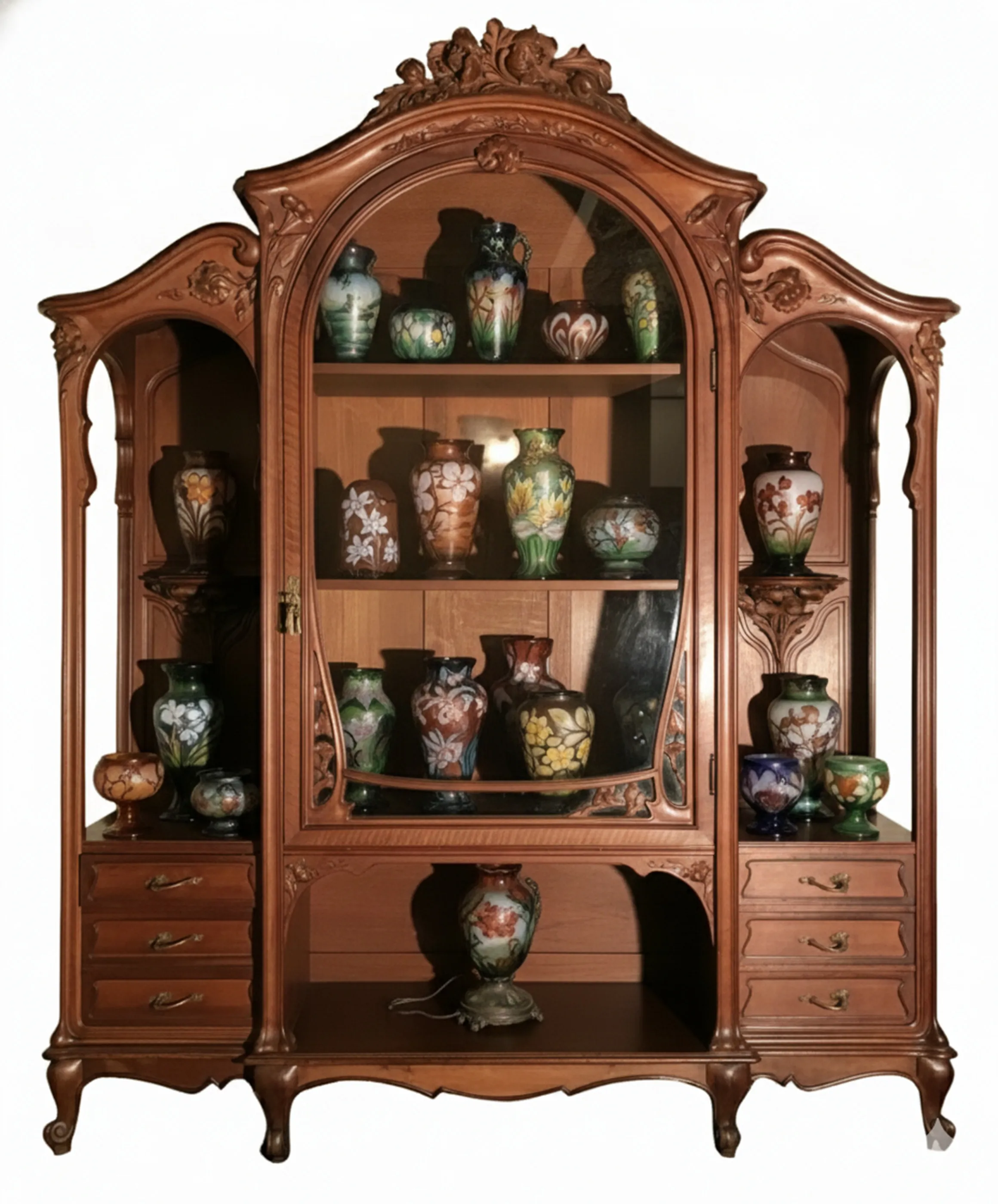 vitrine ancienne E.Dienst à Paris avec des vases décoratifs