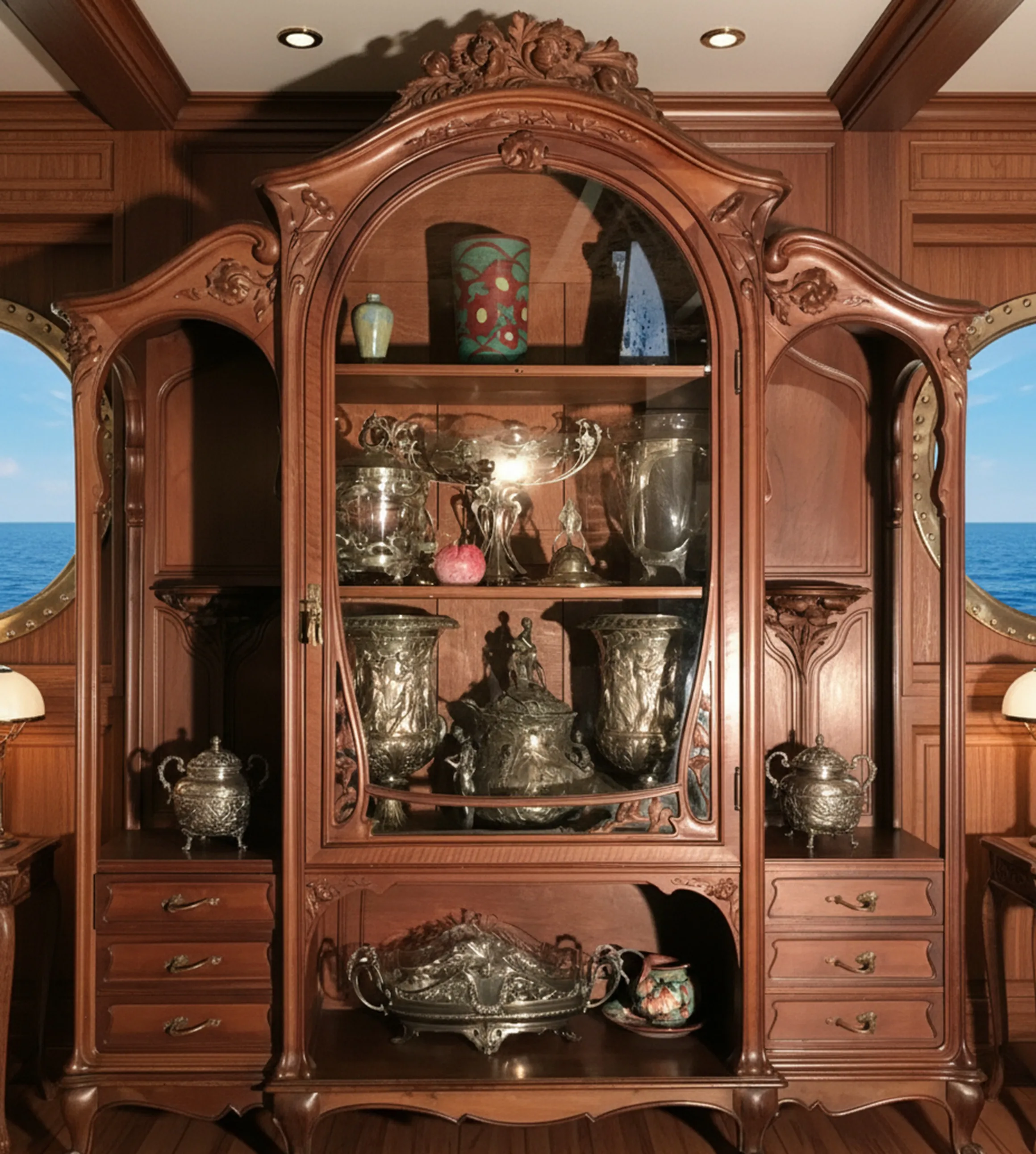 vitrine ancienne de E.Dienst - Paris avec objets décoratifs