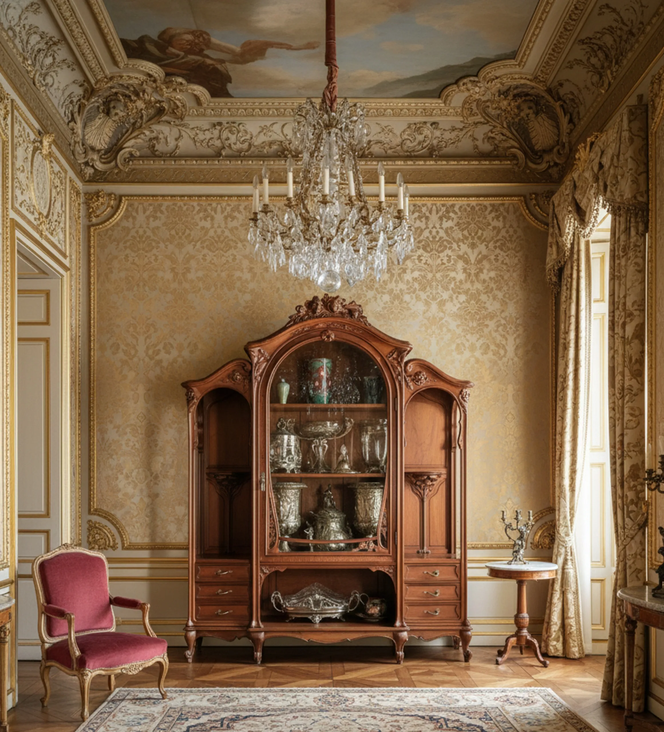 Vitrine ancienne E.Dienst dans un décor élégant.