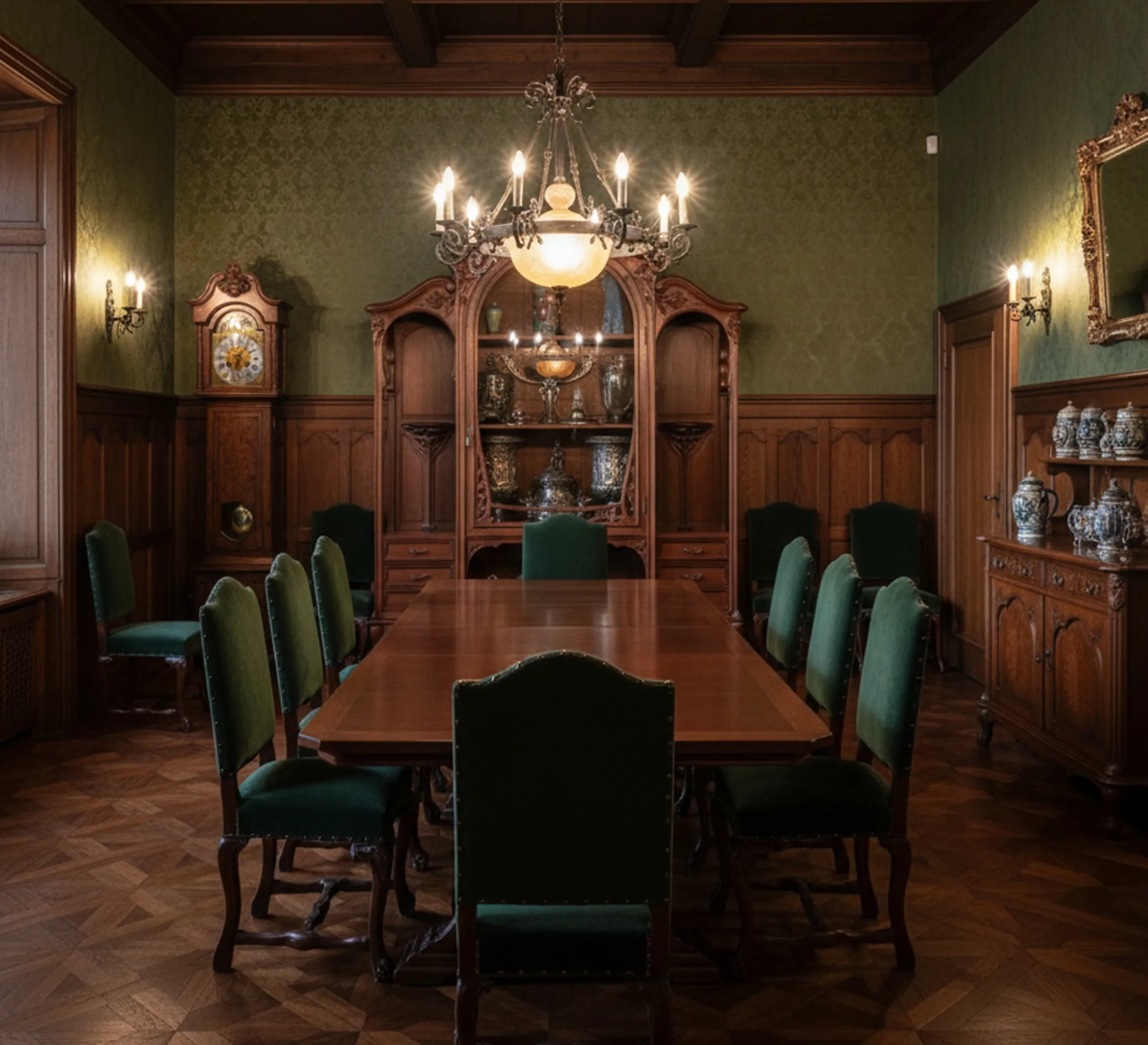 vitrine antiga E.Dienst em um ambiente elegante, decorada com elementos antigos, cercada por cadeiras verdes e um candelabro