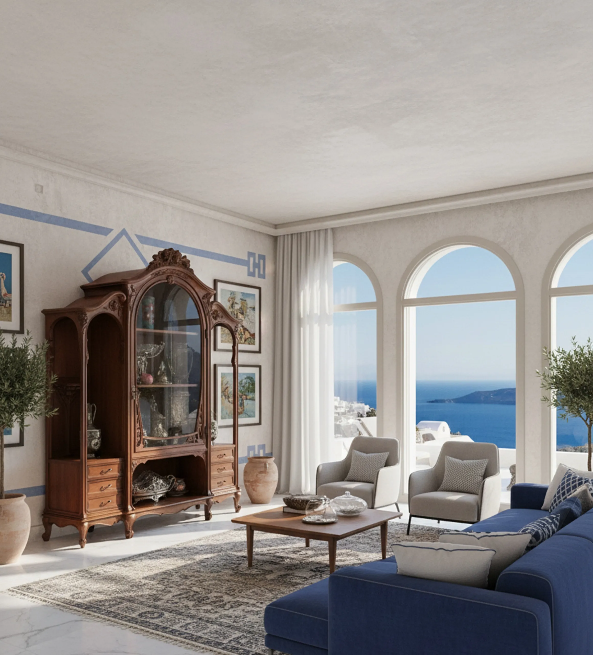 vitrina antigua con diseño ornamentado, ambiente acogedor y vista al mar