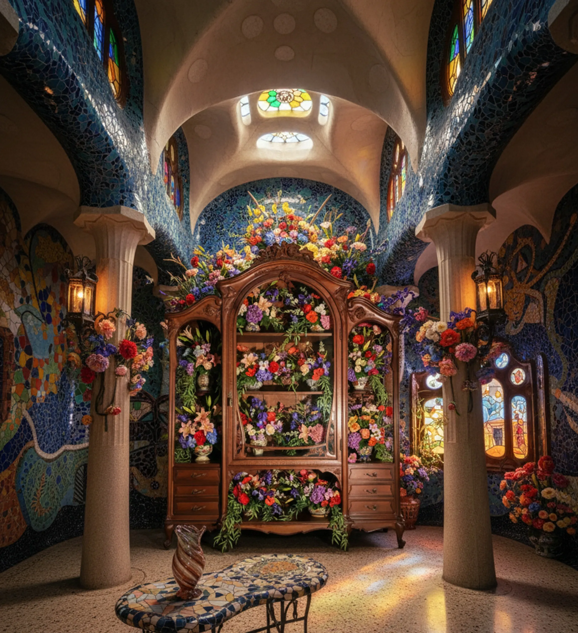 Vitrine antique ornée de fleurs dans un cadre coloré.