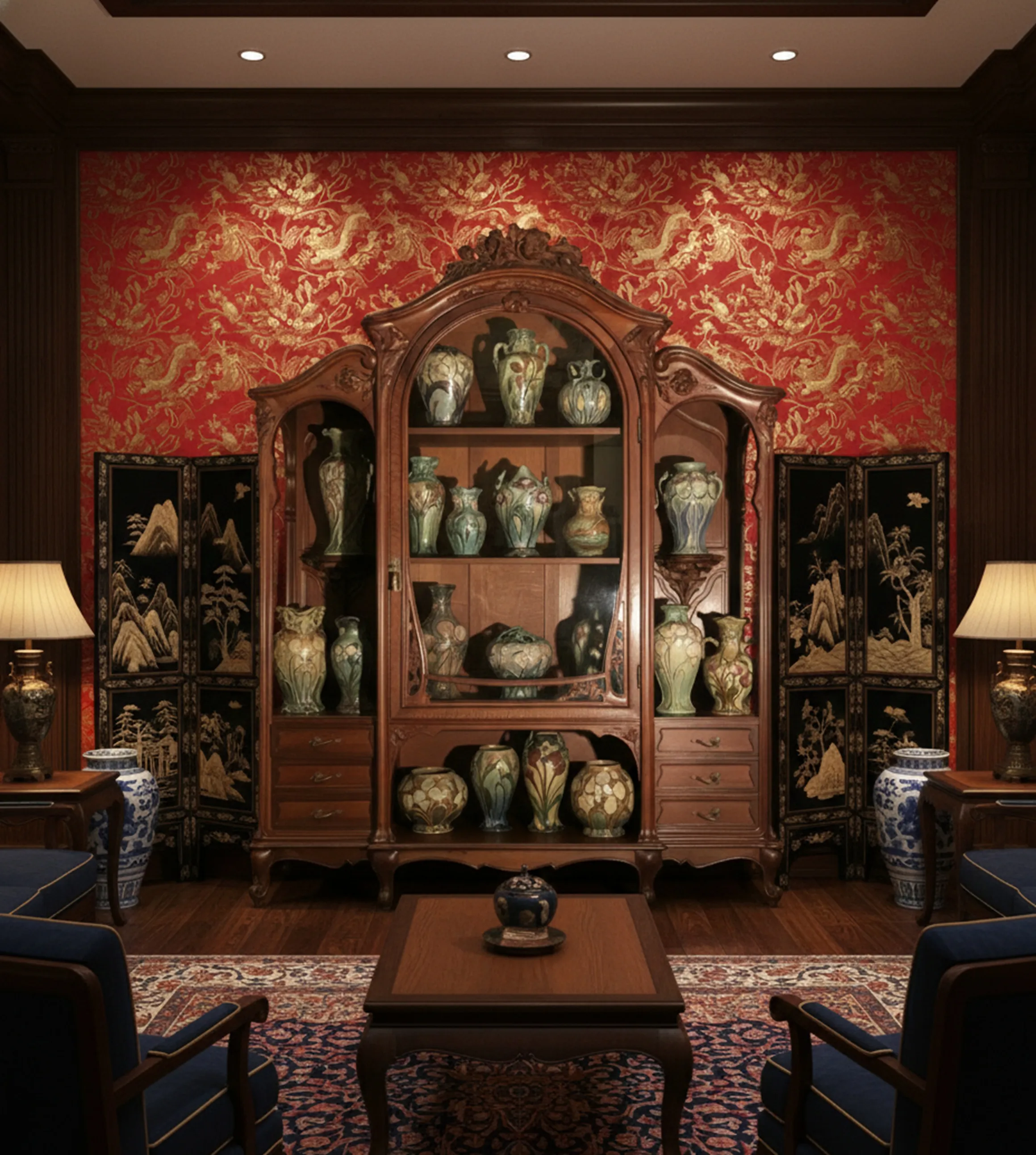 antike vitrine mit keramik, eleganter roter hintergrund